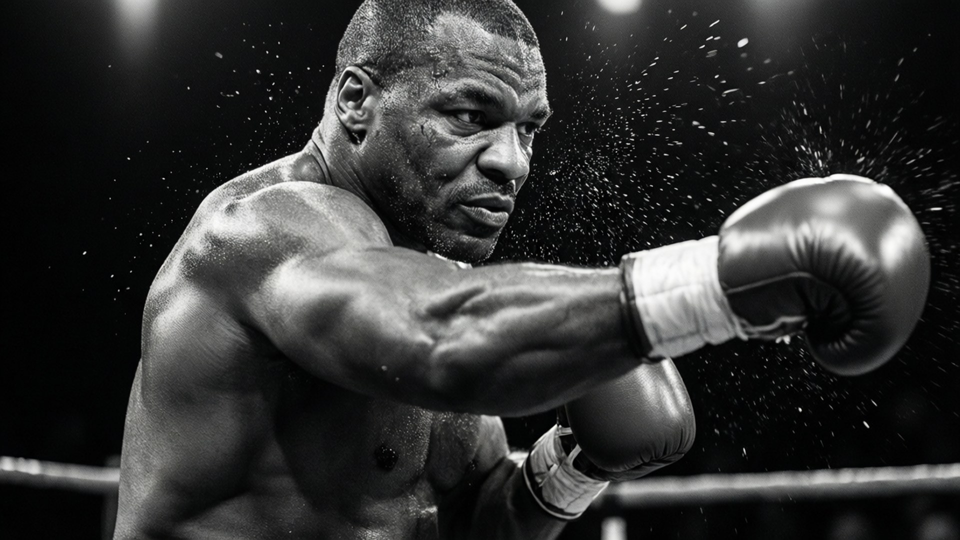 鐵拳 壁紙 — 一位肌肉發達的拳擊手在擂台上打出強力一拳，汗水與水滴在戲劇性的黑白燈光中飛濺。
