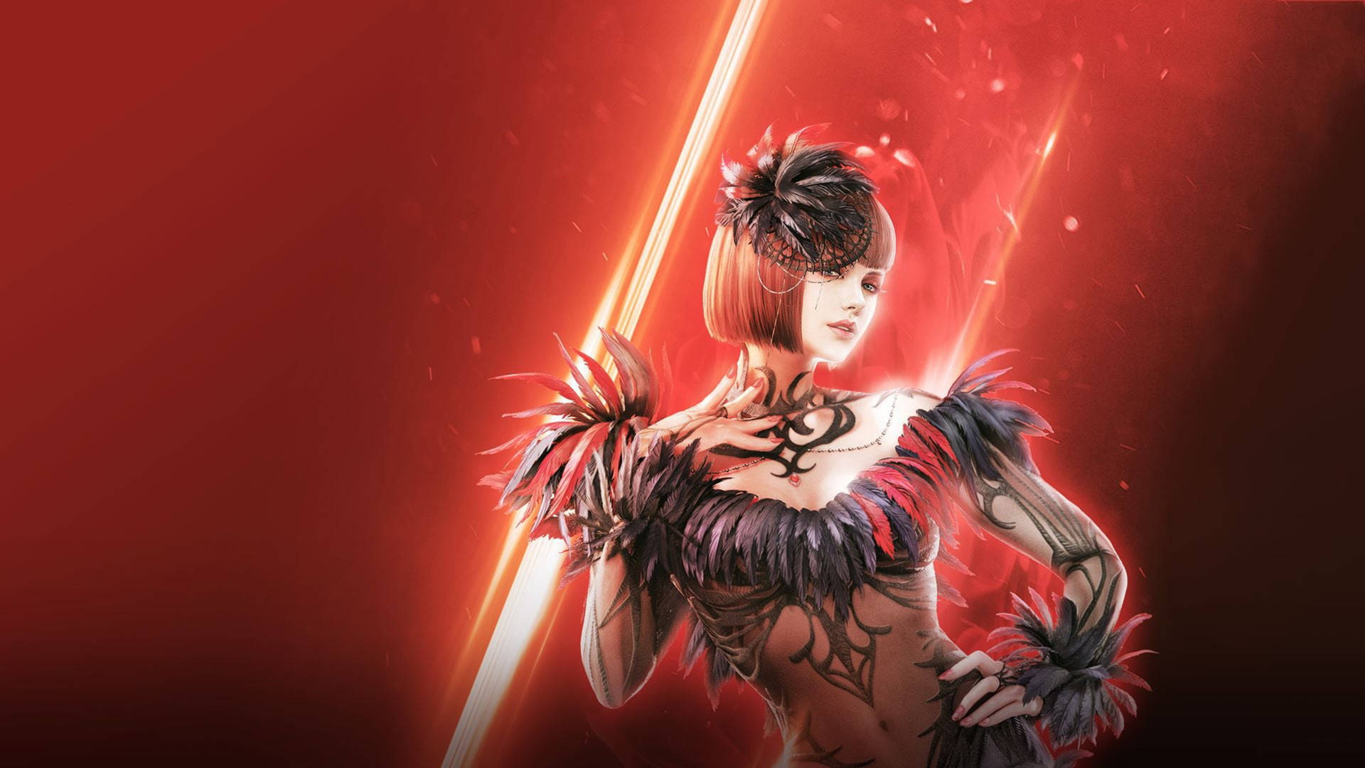 身穿羽毛盔甲的動漫女戰士在紅光中手持發光的劍。