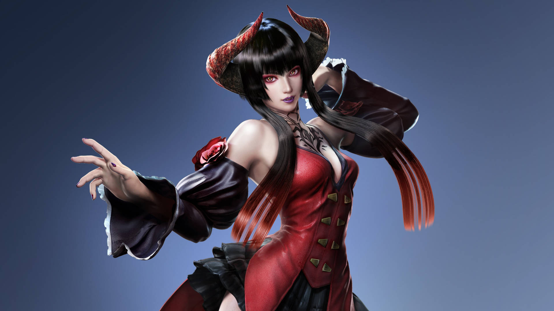 動漫惡魔女性穿著紅黑服裝戲劇性地擺姿勢。