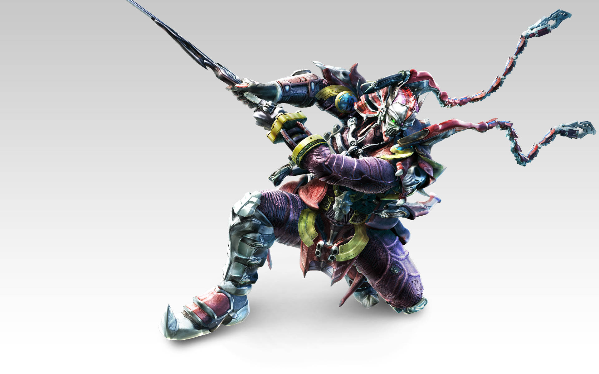 身穿紫色和金色盔甲的裝甲戰士揮舞劍和鏈條武器。