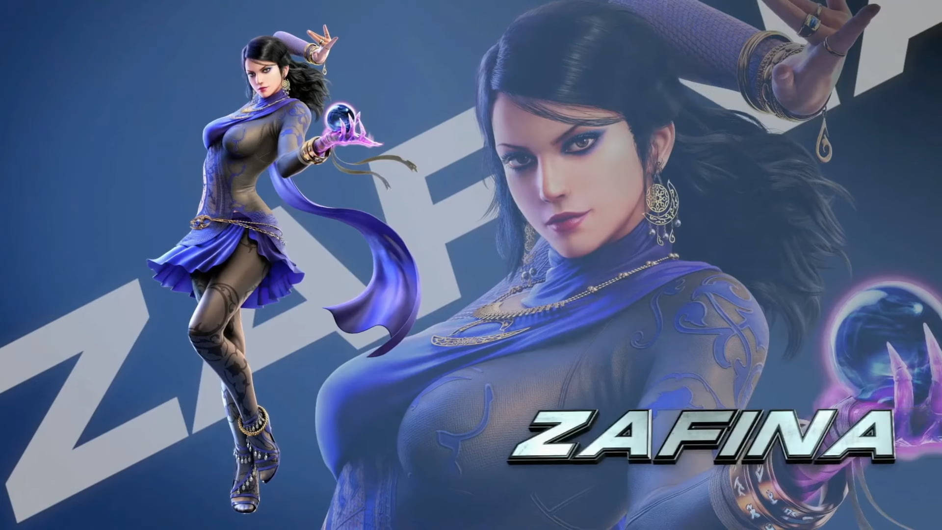 動漫角色 Zafina 身穿紫色服裝，手持發光球體跳躍