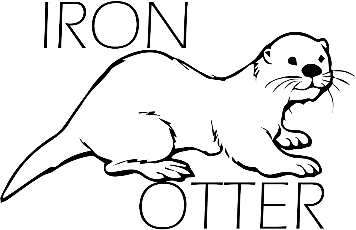 鐵海狸圖形 壁紙 — 一個極簡風格的白色線條水獺圖案，上下方有「IRON OTTER」字樣，背景為黑色。
