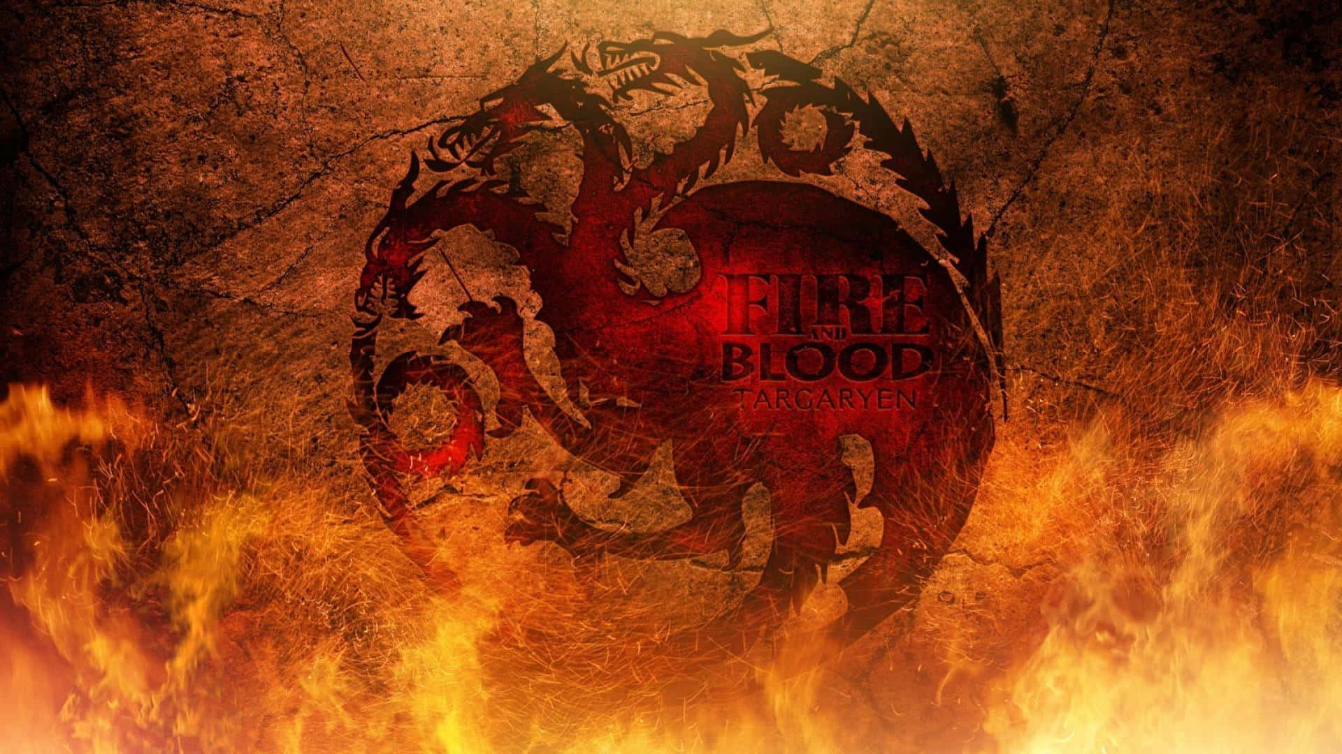 一個紅色龍紋章，上面有「Fire and Blood Targaryen」文字，在裂開的地面上被火焰吞噬。