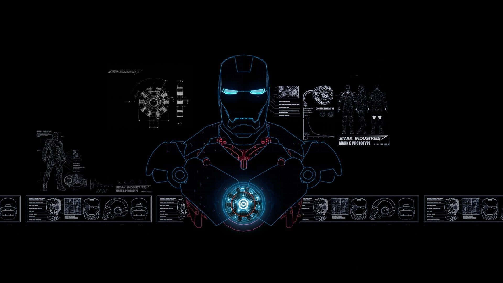 Iron Man Technology 桌布 壁紙 — 鐵甲奇俠 Mark 8 原型全息圖在黑色背景上發出藍色光芒，周圍漂浮著技術圖紙。