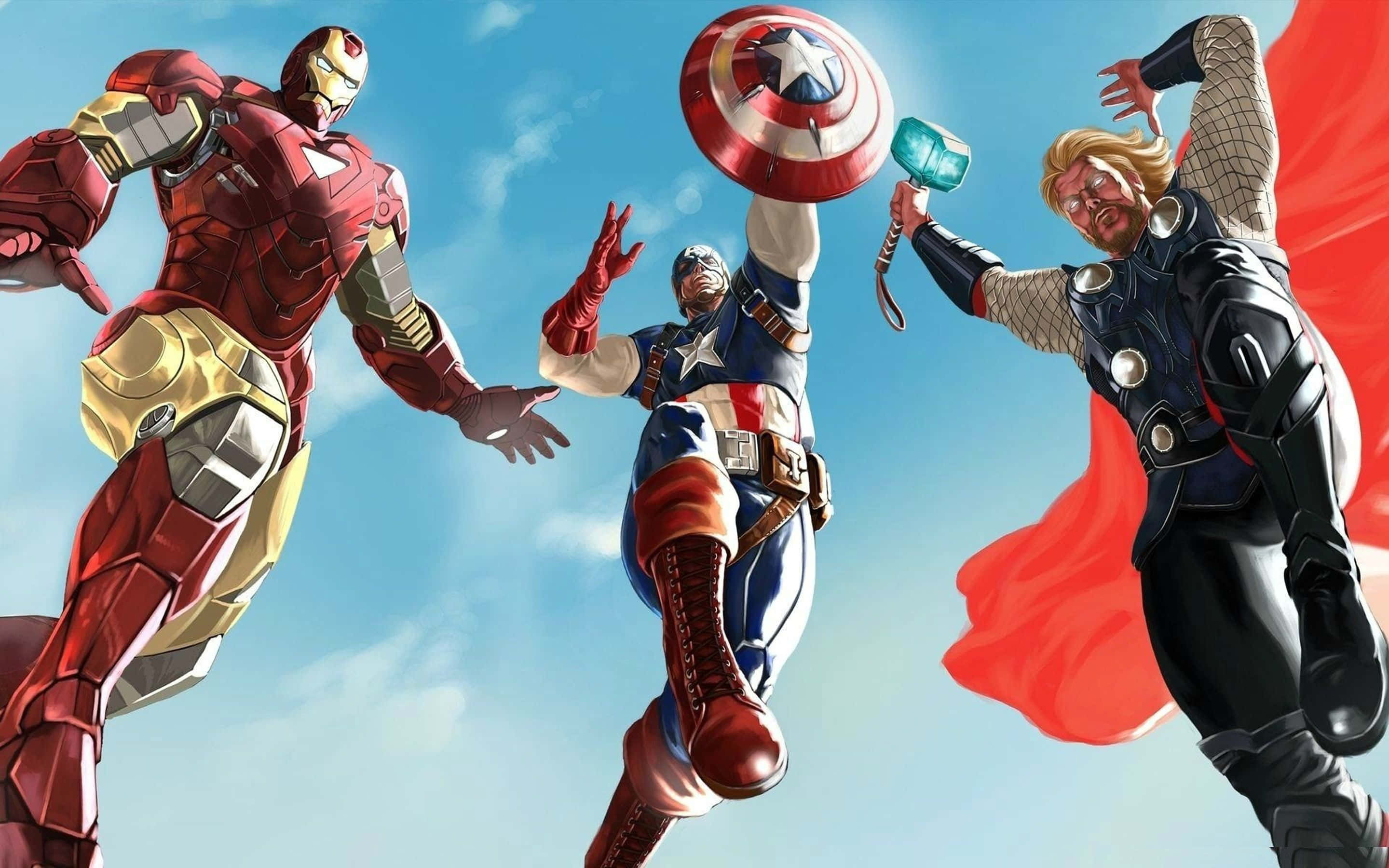 Iron Man Vs Thor 桌布 壁紙 — 鐵甲奇俠、美國隊長和索爾在明亮的藍天下以英雄漫畫姿勢動態翱翔。