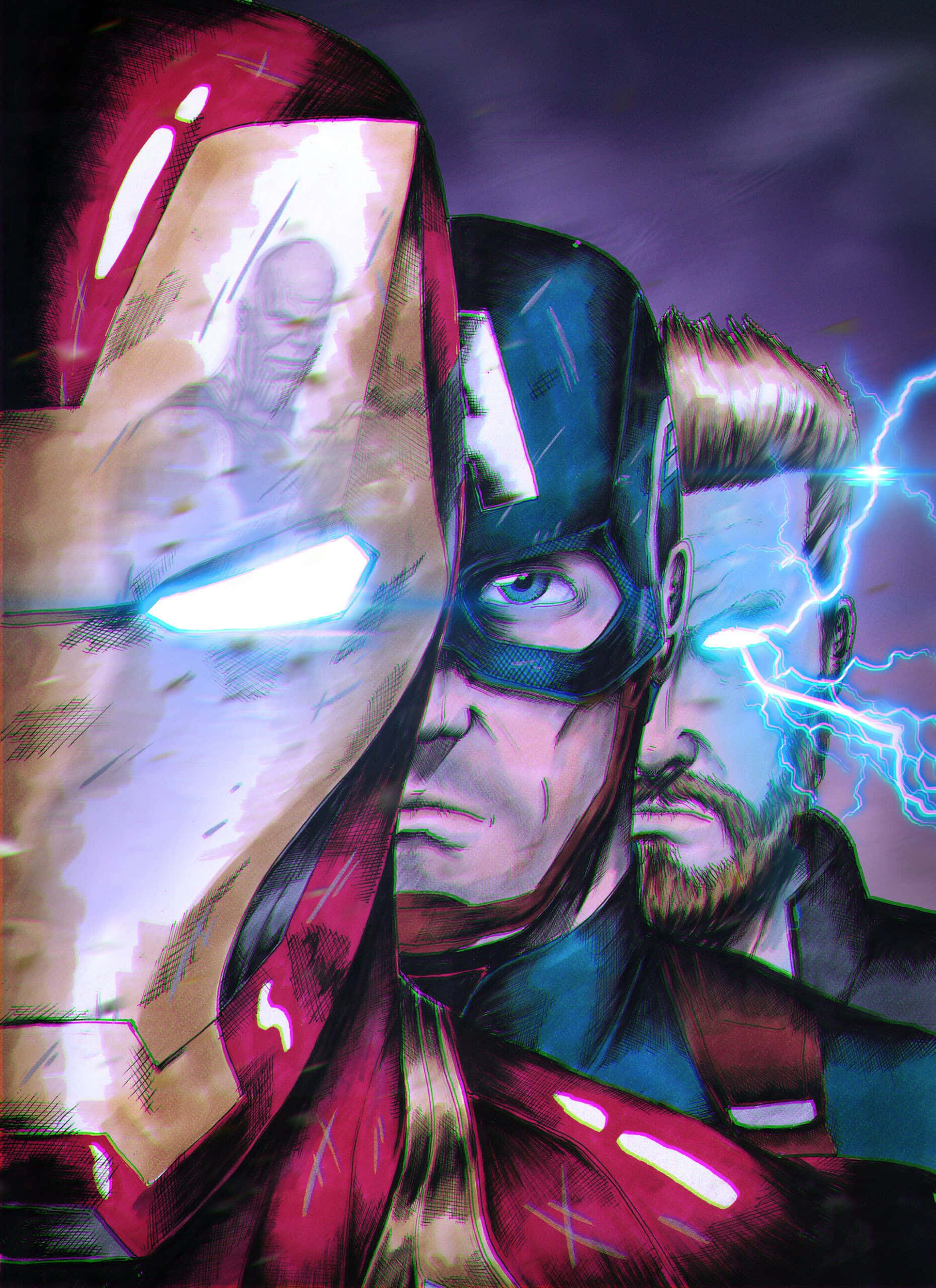 Iron Man Vs Thor 桌布 壁紙 — 鐵甲奇俠、美國隊長和雷神托爾以戲劇性的漫畫風格站立，眼睛發光並帶有閃電效果，背景為深紫色。