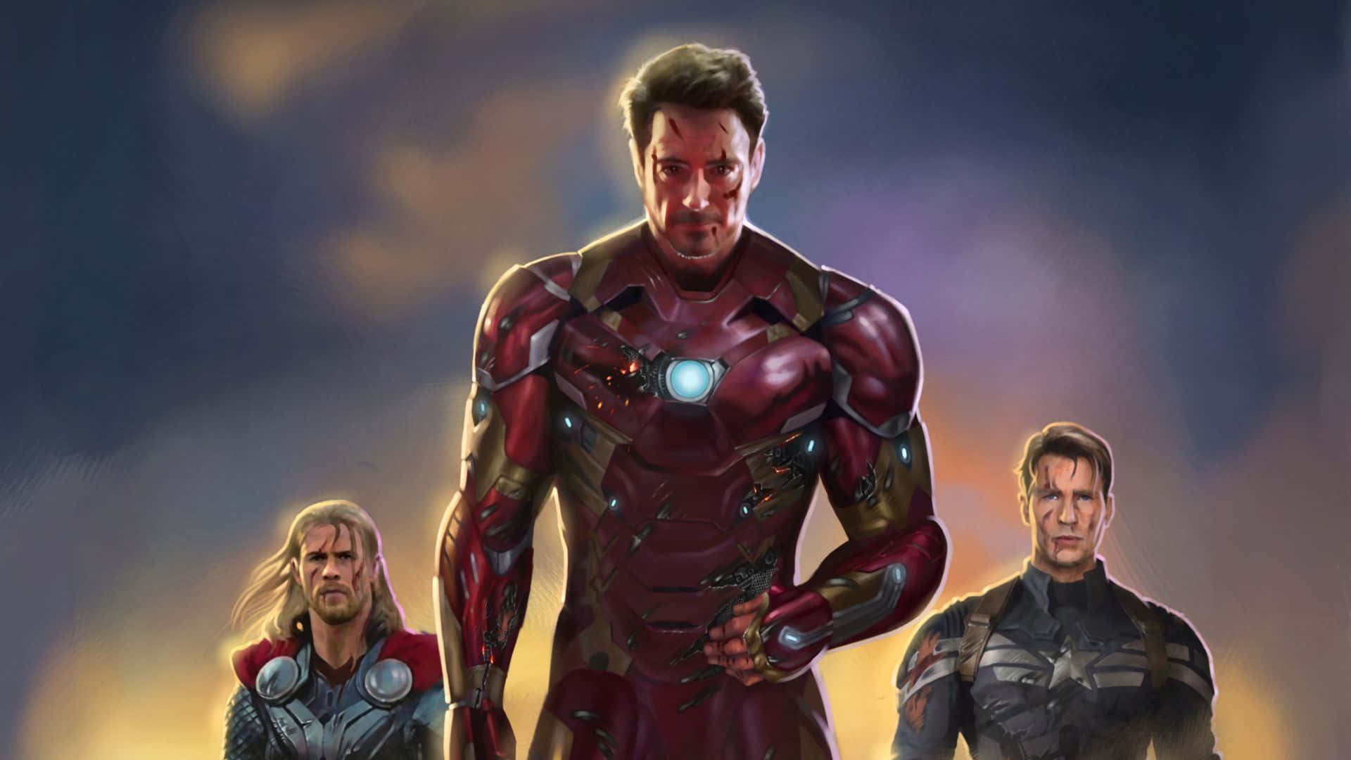 Iron Man Fan Art 桌布 壁紙 — 鐵甲奇俠、雷神和美國隊長以發光盔甲和堅定的表情，英勇地站在戲劇性的暮色天空下。