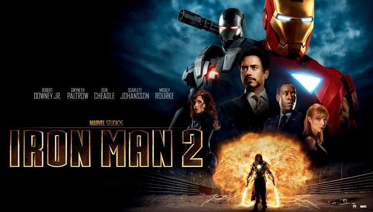 Iron Man Movies 桌布 壁紙 — 鐵甲奇俠2電影海報，東尼·史達穿上裝甲，眼睛發光，下方有猛烈爆炸。