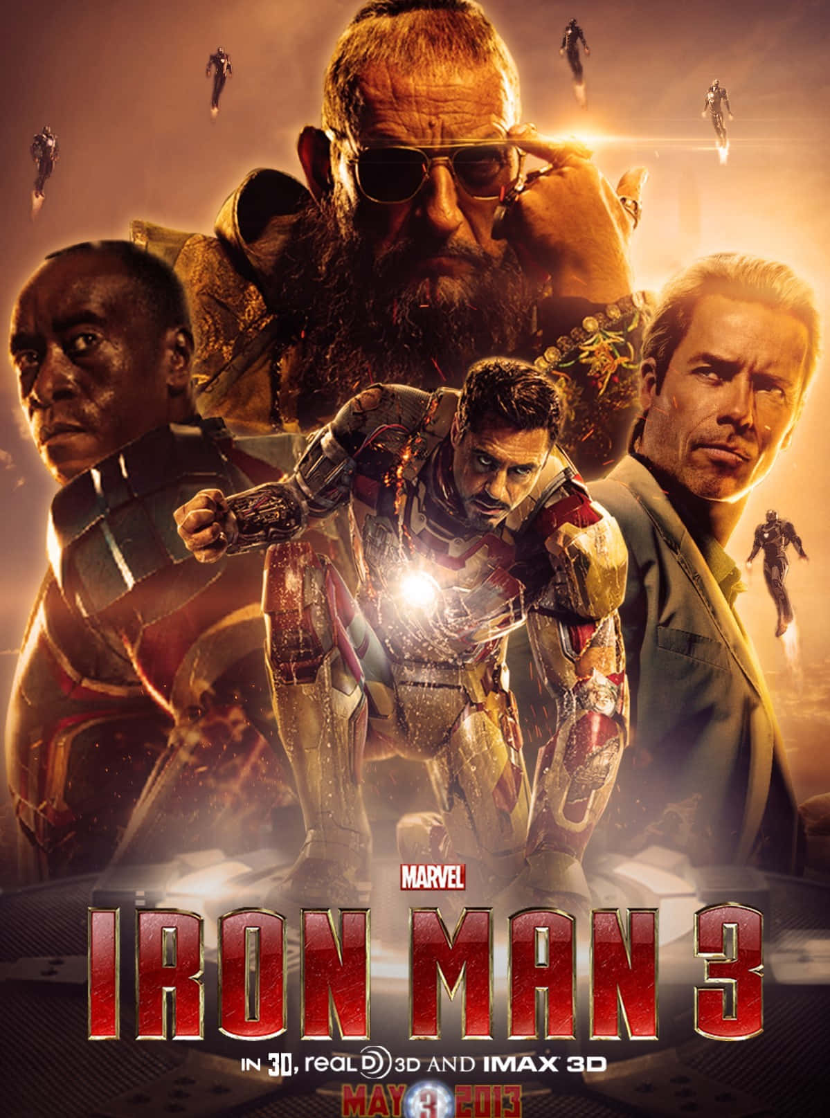 Iron Man Movies 桌布 壁紙 — 鐵甲奇俠3電影海報，東尼·史塔克身穿裝甲，被關鍵角色包圍，背景是閃耀的金色。