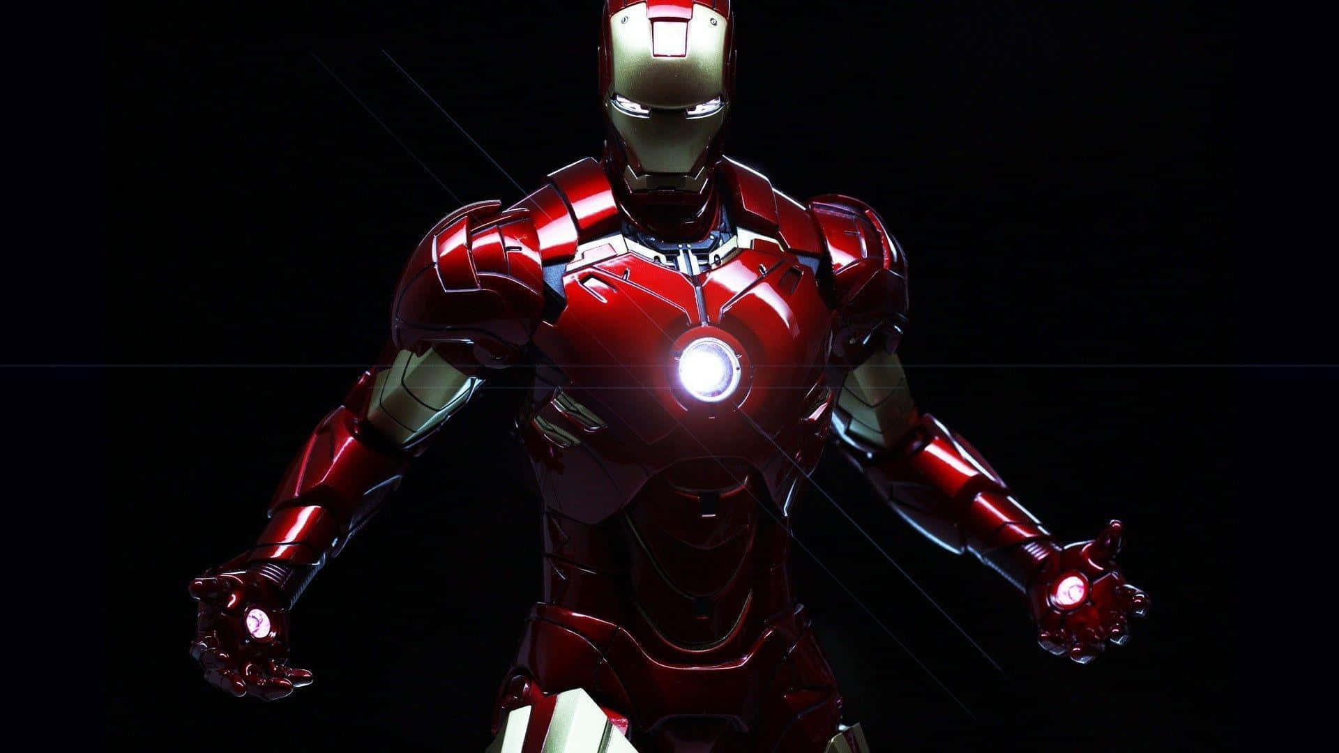 Iron Man Suit 桌布 壁紙 — 鐵甲奇俠以其標誌性的紅色和金色裝甲，在黑色背景上擺出姿勢，裝甲帶有發光的斥力炮。