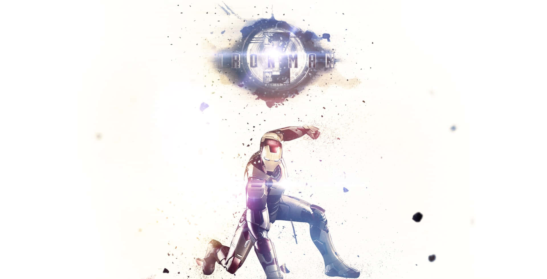 Iron Man Fan Art 桌布 壁紙 — 鐵甲奇俠以動感姿態呈現，胸口弧形反應器發光，上方有「Iron Man」標誌，背景為白色潑濺效果。