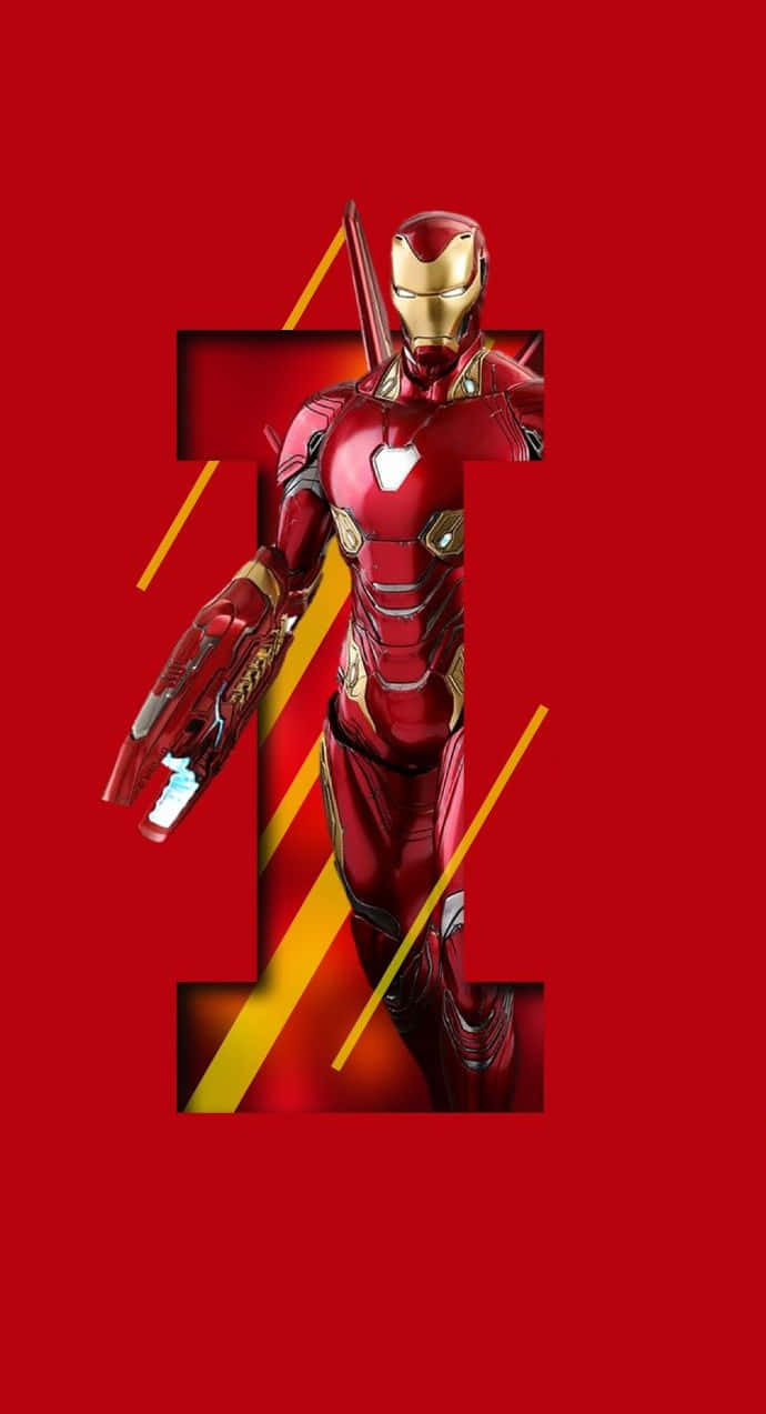 Iron Man Art 桌布 壁紙 — 鐵甲奇俠以動感姿態站立，由一個風格化的紅色和金色 'I' 框住，背景為純紅色。