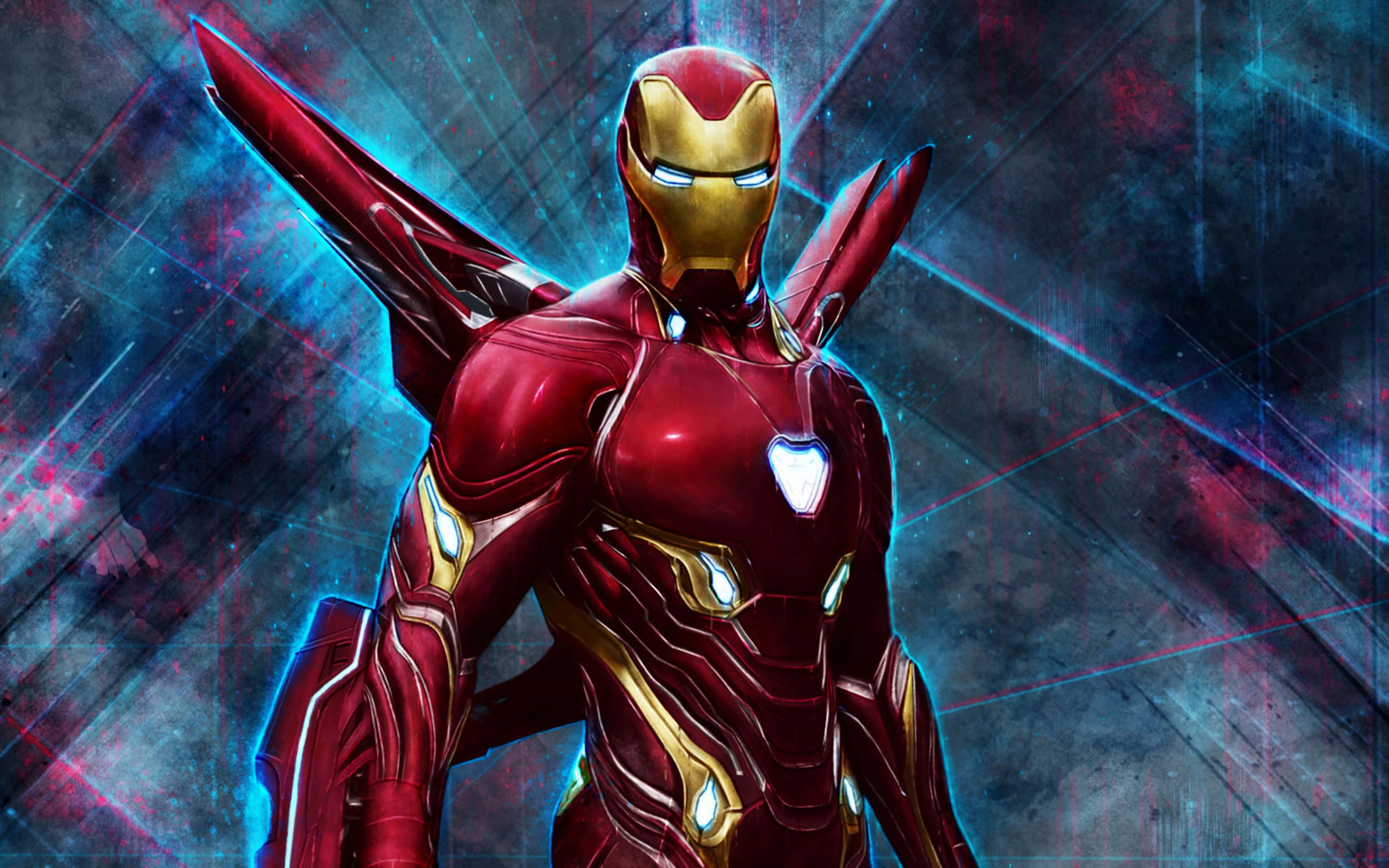 Iron Man Suit 桌布 壁紙 — 鐵甲奇俠以動感姿態站立，眼睛和斥力燈發出光芒，背景是充滿活力的藍色和紅色能量。