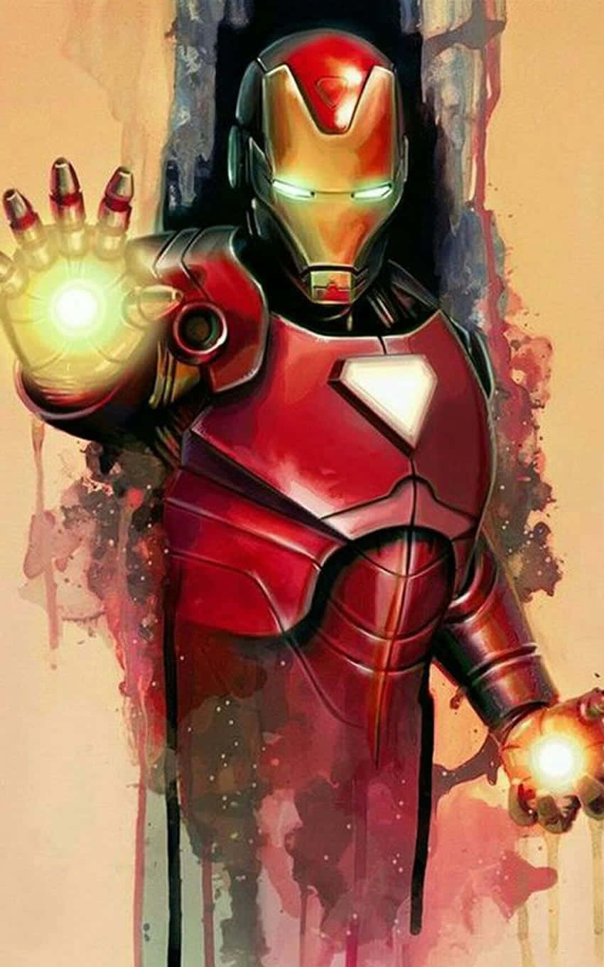 Iron Man Art 桌布 壁紙 — 鐵甲奇俠以發光的斥力手英勇地站立，背景是充滿活力的紅、橙、灰色水彩潑濺。