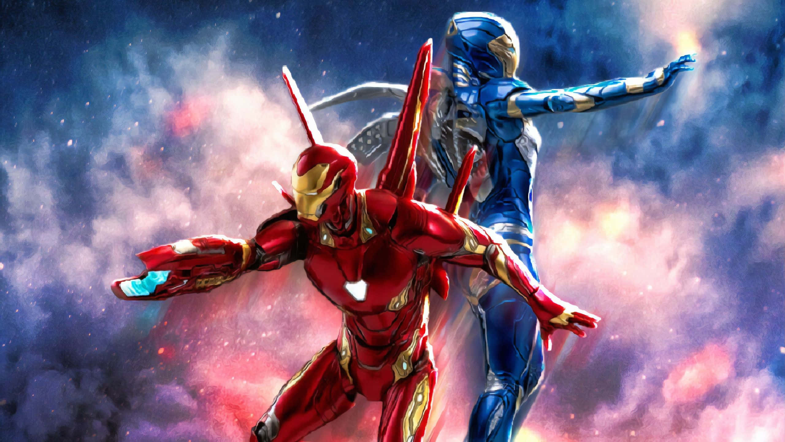 Pepper Potts 桌布 壁紙 — 鐵甲奇俠和星爵動態地飛過充滿旋轉粉紅色、紫色和藍色雲朵的鮮豔宇宙星雲。