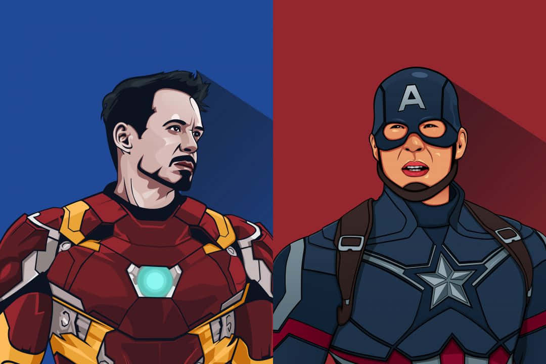 Iron Man Fan Art 桌布 壁紙 — 鐵甲奇俠和美國隊長以大膽的漫畫風格並肩站立在藍色和紅色背景前。
