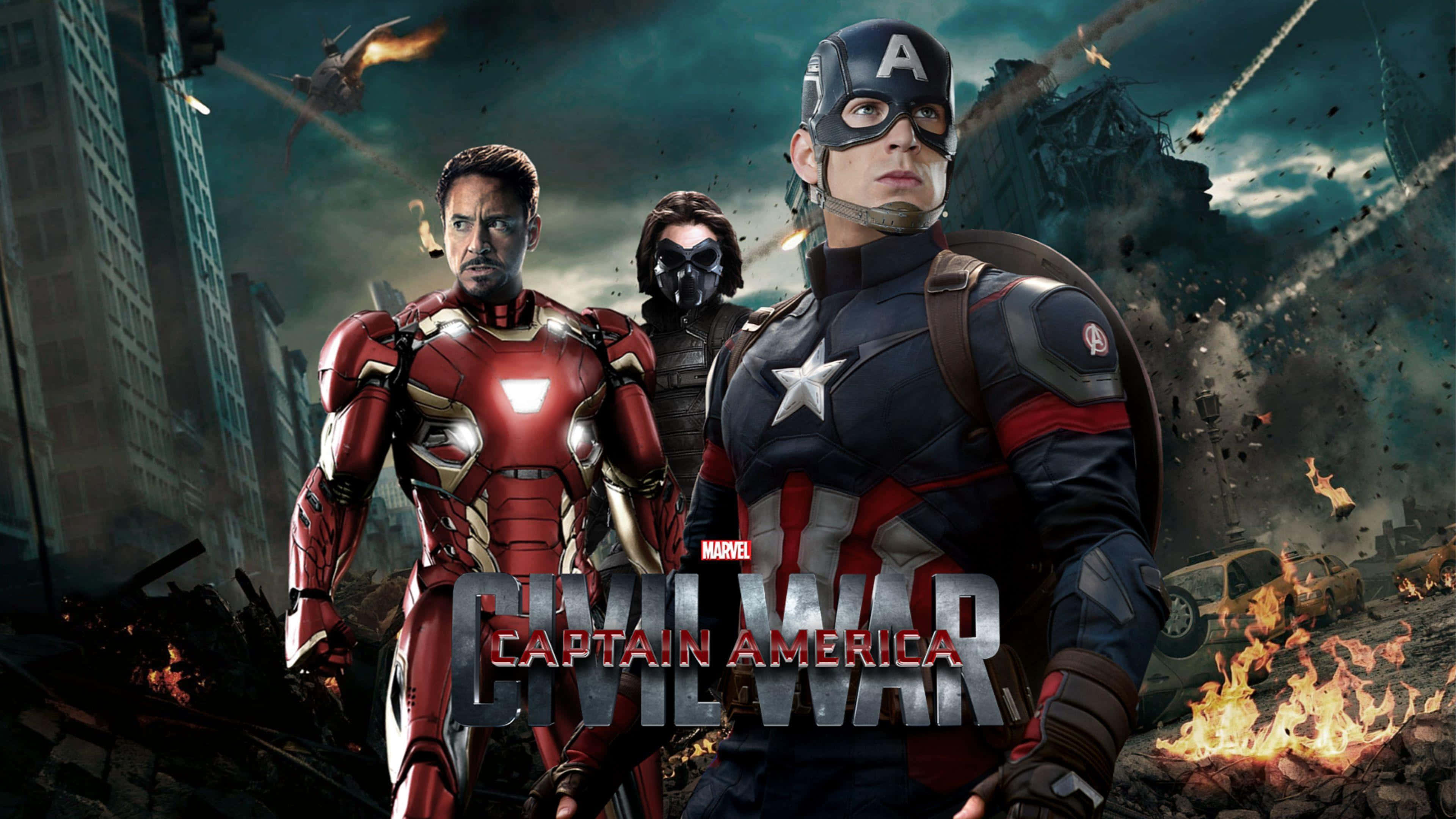 Iron Man Vs Captain America 桌布 壁紙 — 鐵甲奇俠和美國隊長在戰火摧殘的城市景觀中堅定站立，爆炸和碎片在他們周圍飛舞。