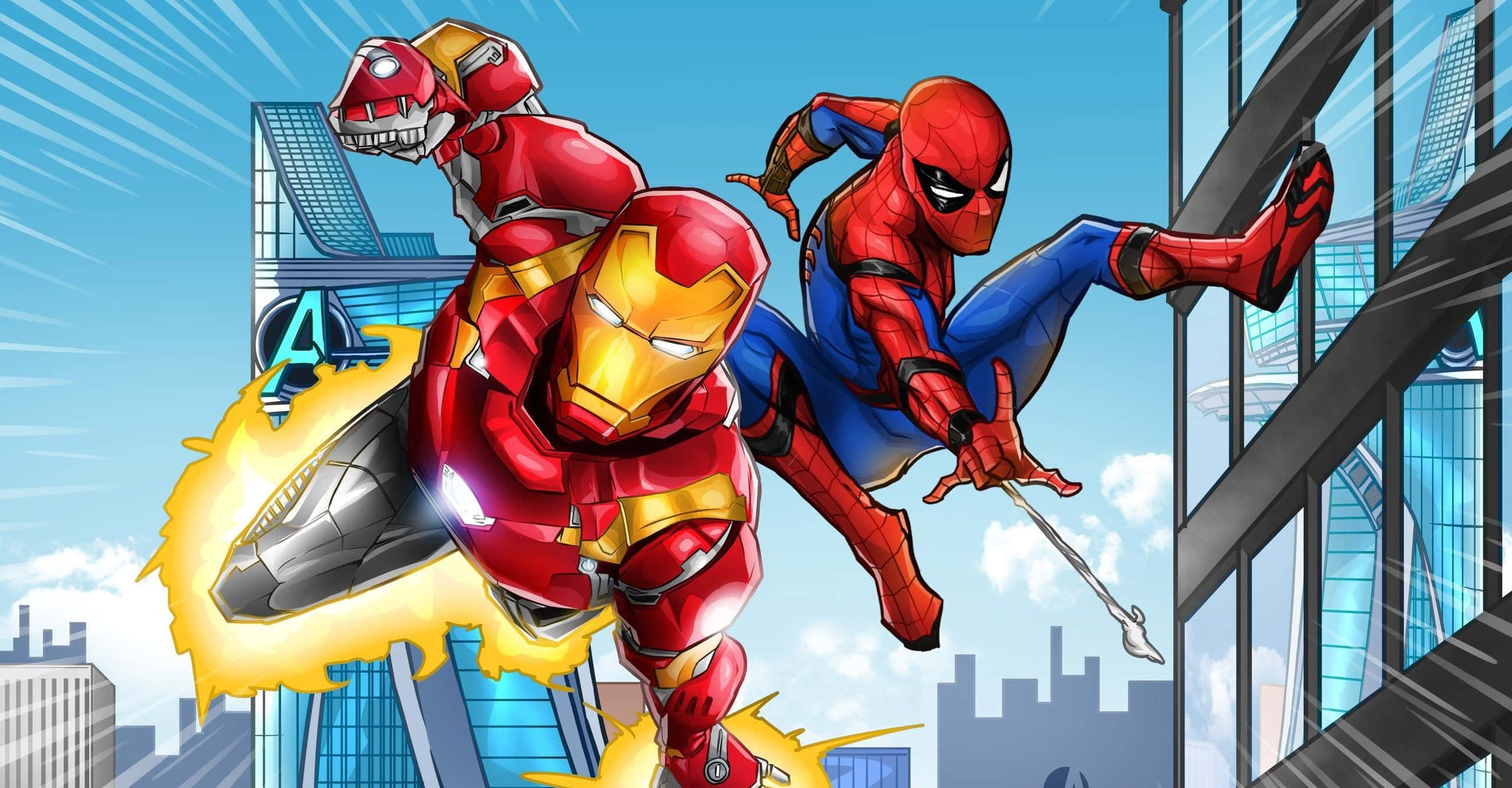 Iron Man And Spider-man 桌布 壁紙 — 鐵甲奇俠和蜘蛛俠在明亮的城市景觀中動態跳躍，帶有漫畫風格的速度線和能量爆發。