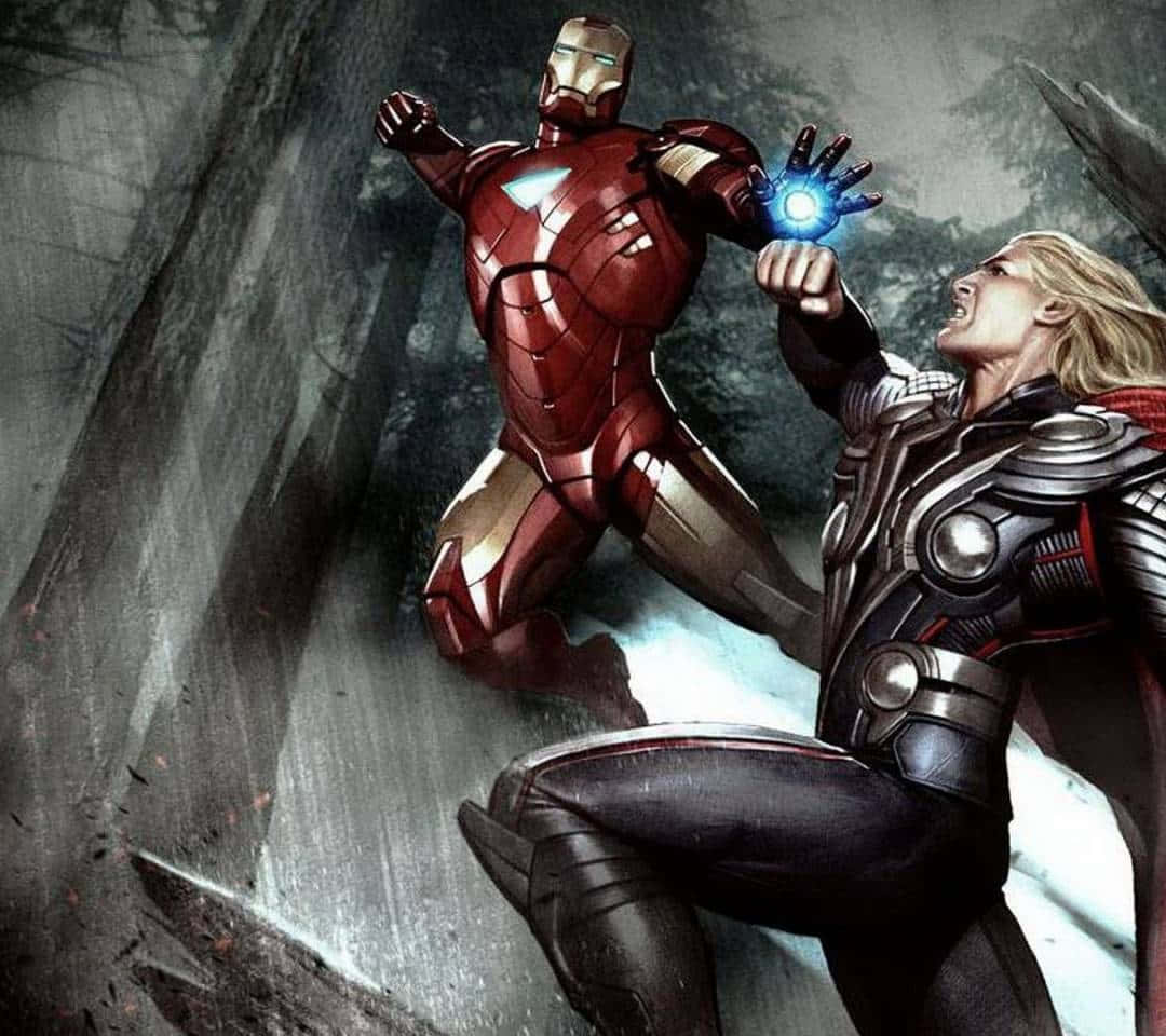 Iron Man Vs Thor 桌布 壁紙 — 鐵甲奇俠和雷神在風暴中的岩石景觀中，以發光的斥力炮和錘子展開戲劇性的戰鬥。