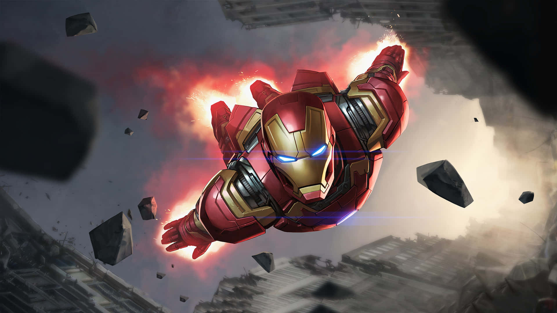 Iron Man Fan Art 桌布 壁紙 — 鐵甲奇俠在 crumbling 的城市景觀中翱翔，碎片在他發光的 repulsors 周圍飛舞。