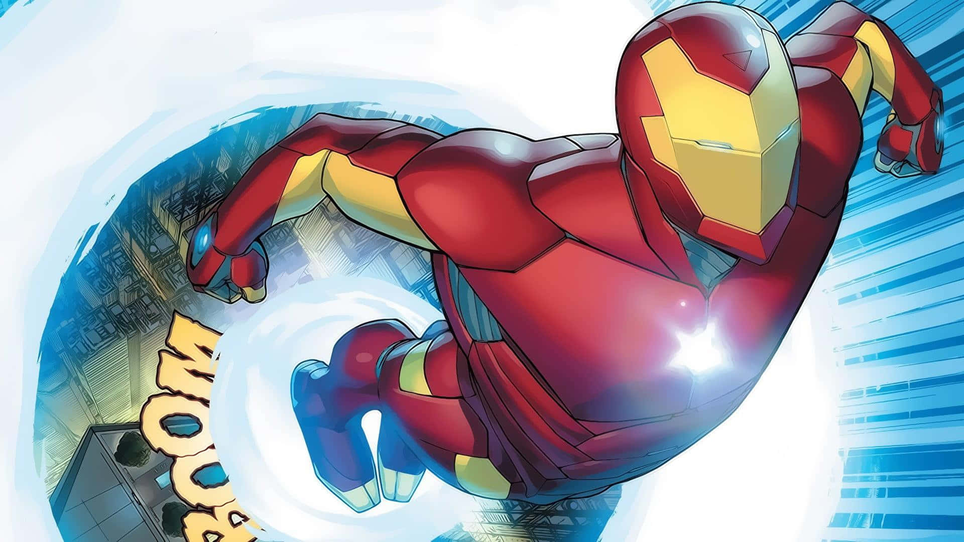 Iron Man Comics 桌布 壁紙 — 鐵甲奇俠在一個動態漫畫面板中，伴隨著運動線條和「BOOM」音效，翱翔於城市景觀之上的天空。