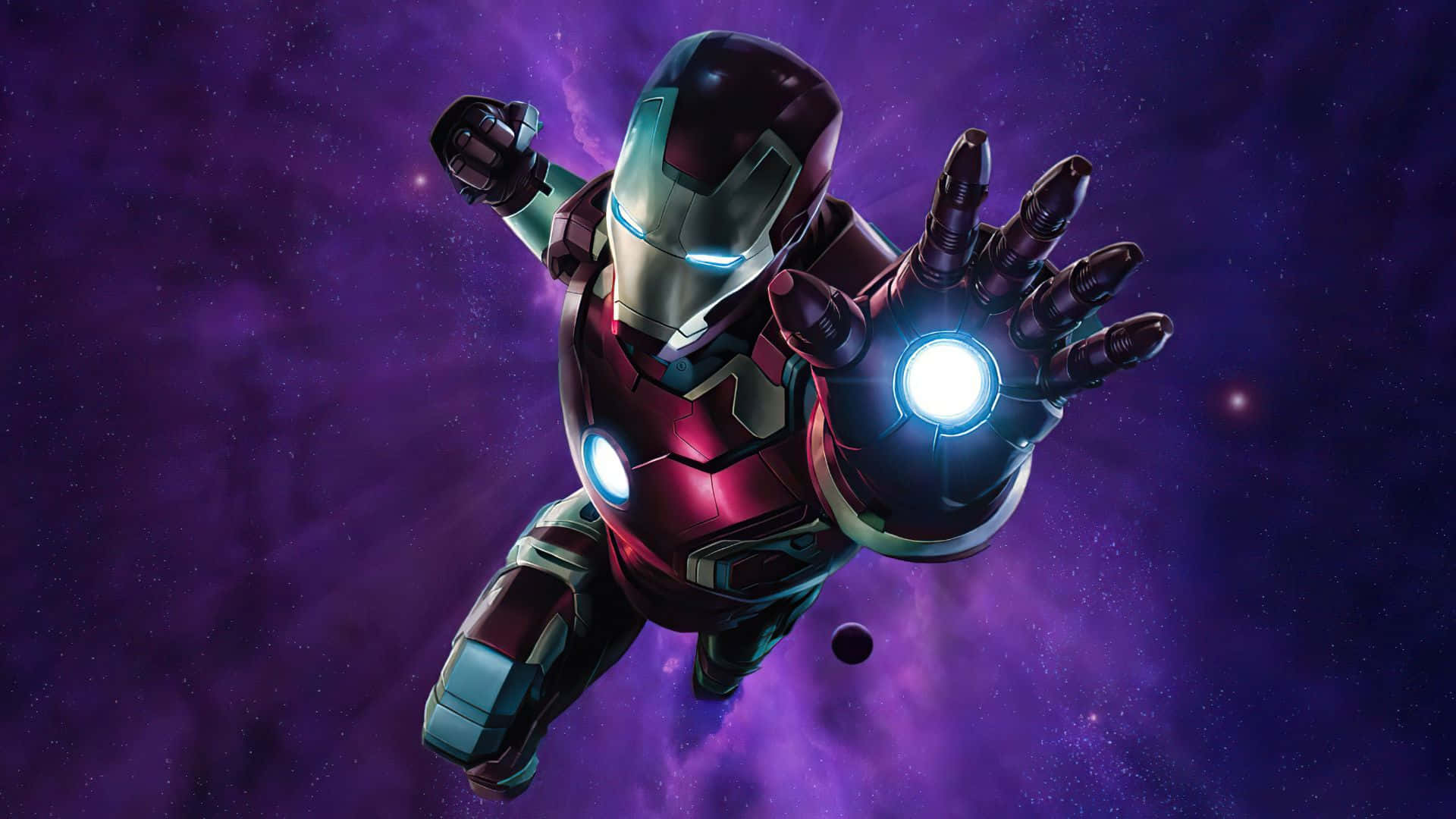 Iron Man Weapons 桌布 壁紙 — 鐵甲奇俠在充滿活力的紫色星雲中翱翔，身後有發光的斥力器和星域。