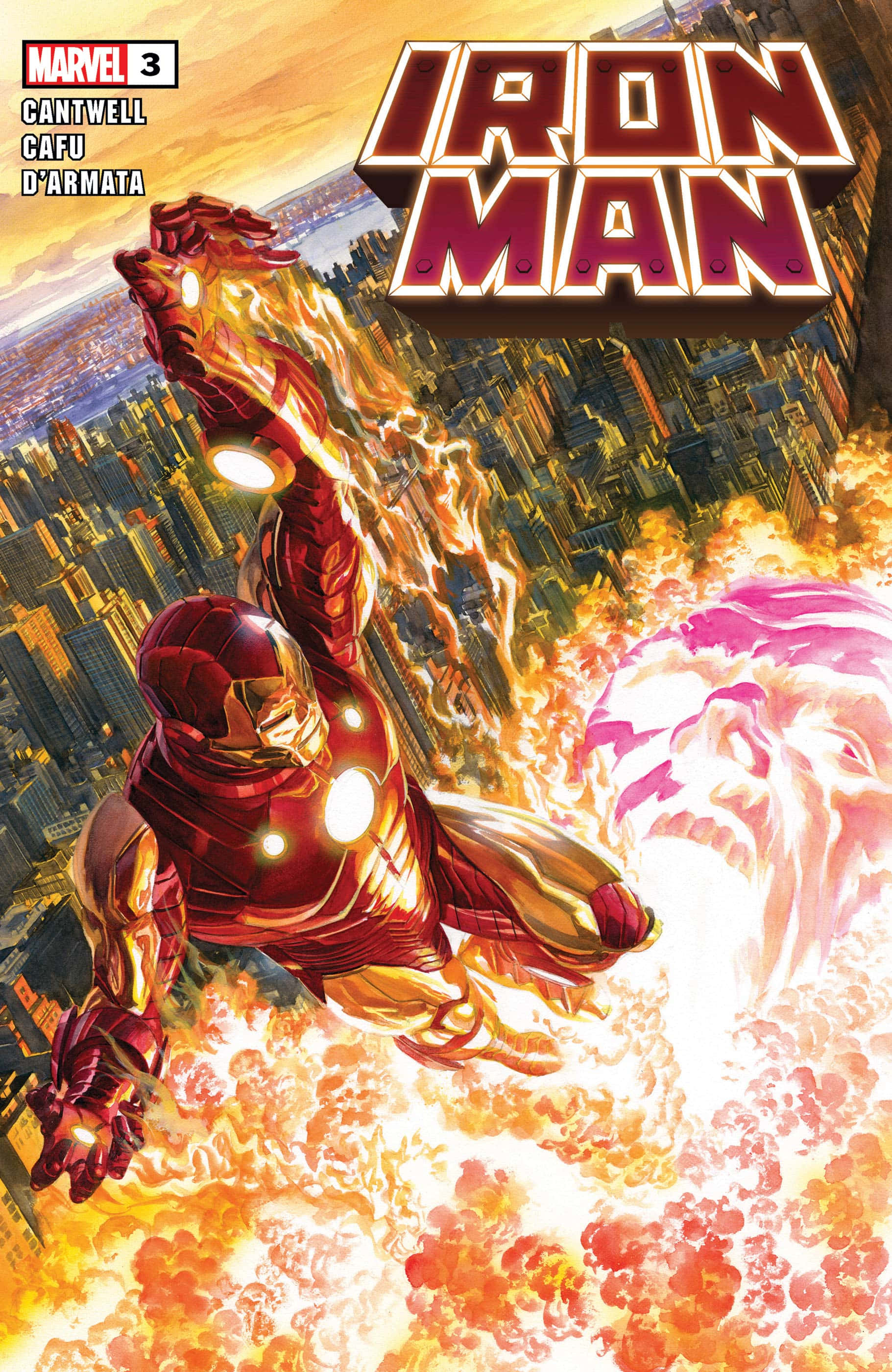 Iron Man Comics 桌布 壁紙 — 鐵甲奇俠在城市天際線上翱翔，在熾熱爆炸和發光的粉紅色能量衝擊中發射斥力炮。