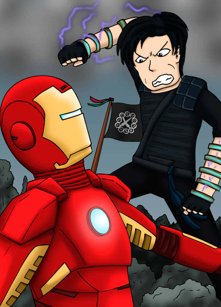 Iron Man Villains 桌布 壁紙 — 鐵甲奇俠在岩石遍佈的暴風雨戰鬥場景中，與一名身穿暗色服裝、戴著發光手鐲並伴隨閃電的戰士對峙。