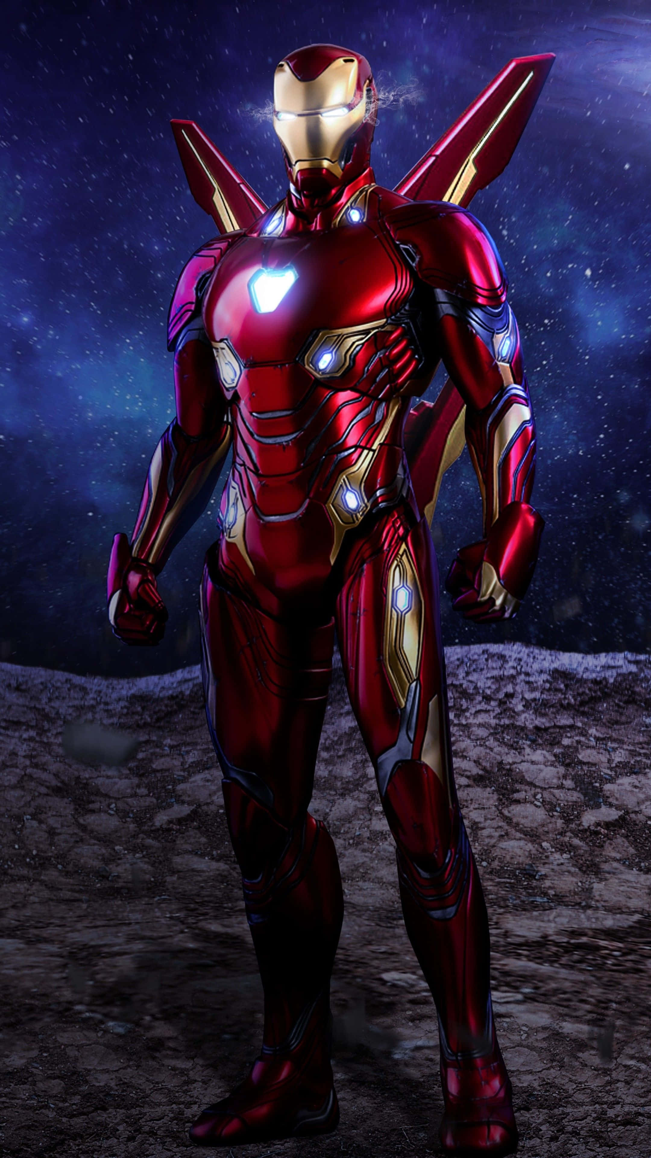 Iron Man Suit 桌布 壁紙 — 鐵甲奇俠在星光燦爛的宇宙天空下，英雄般地站在岩石月球表面，發光的弧形反應器和斥力器閃爍。