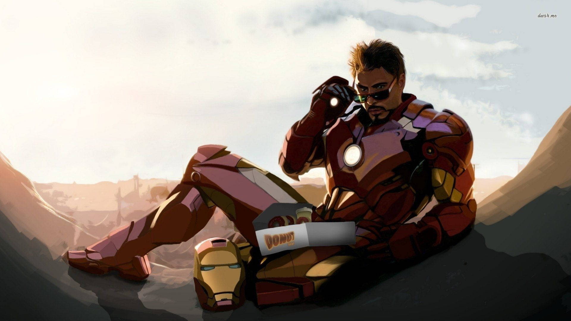 tony stark 桌布 壁紙 — 鐵甲奇俠在晴朗的天空下坐在岩石露頭上，穿著盔甲吃著冬甩放鬆。