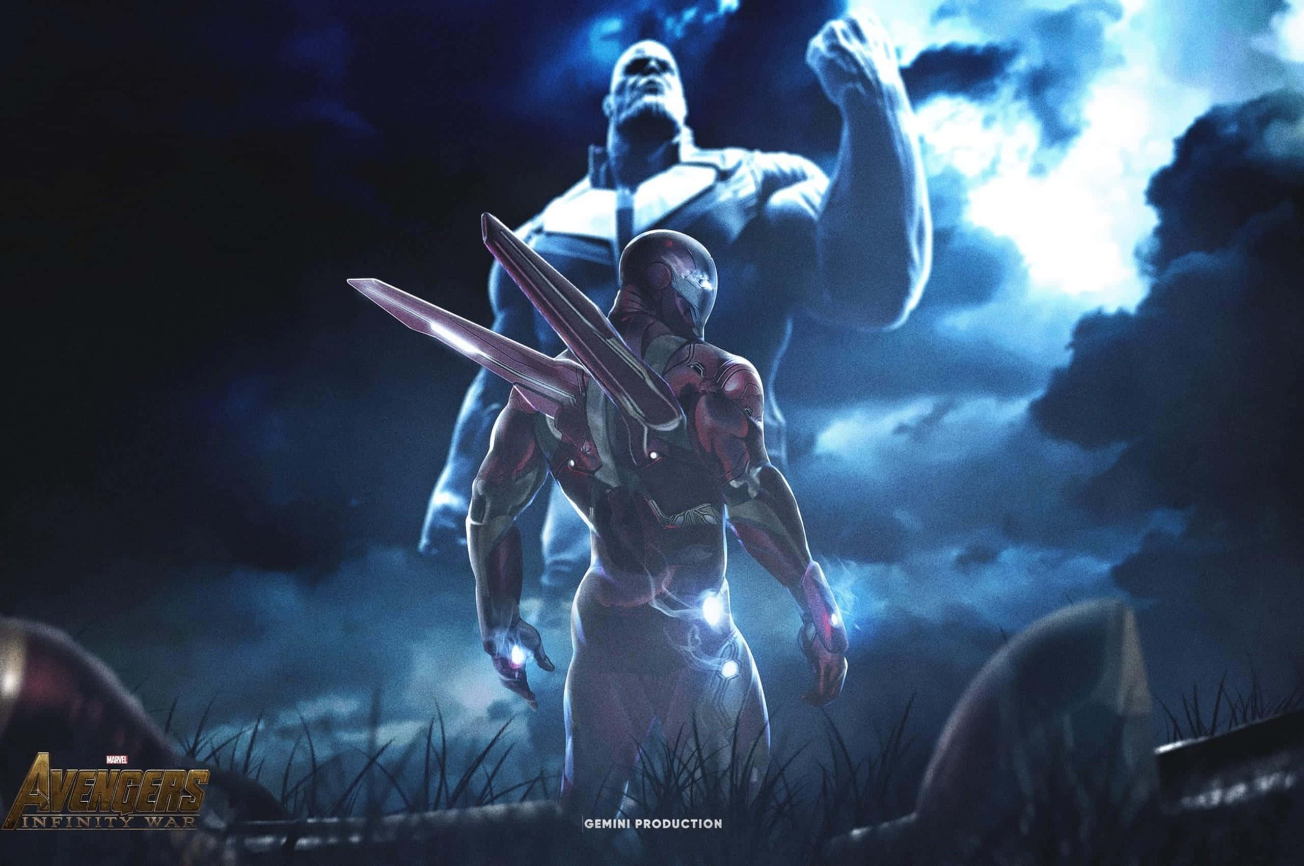Iron Man Vs Thanos 桌布 壁紙 — 鐵甲奇俠在暴風雨田野中挑釁地站立，巨大的薩諾斯在深藍色天空下隱現於他身後。