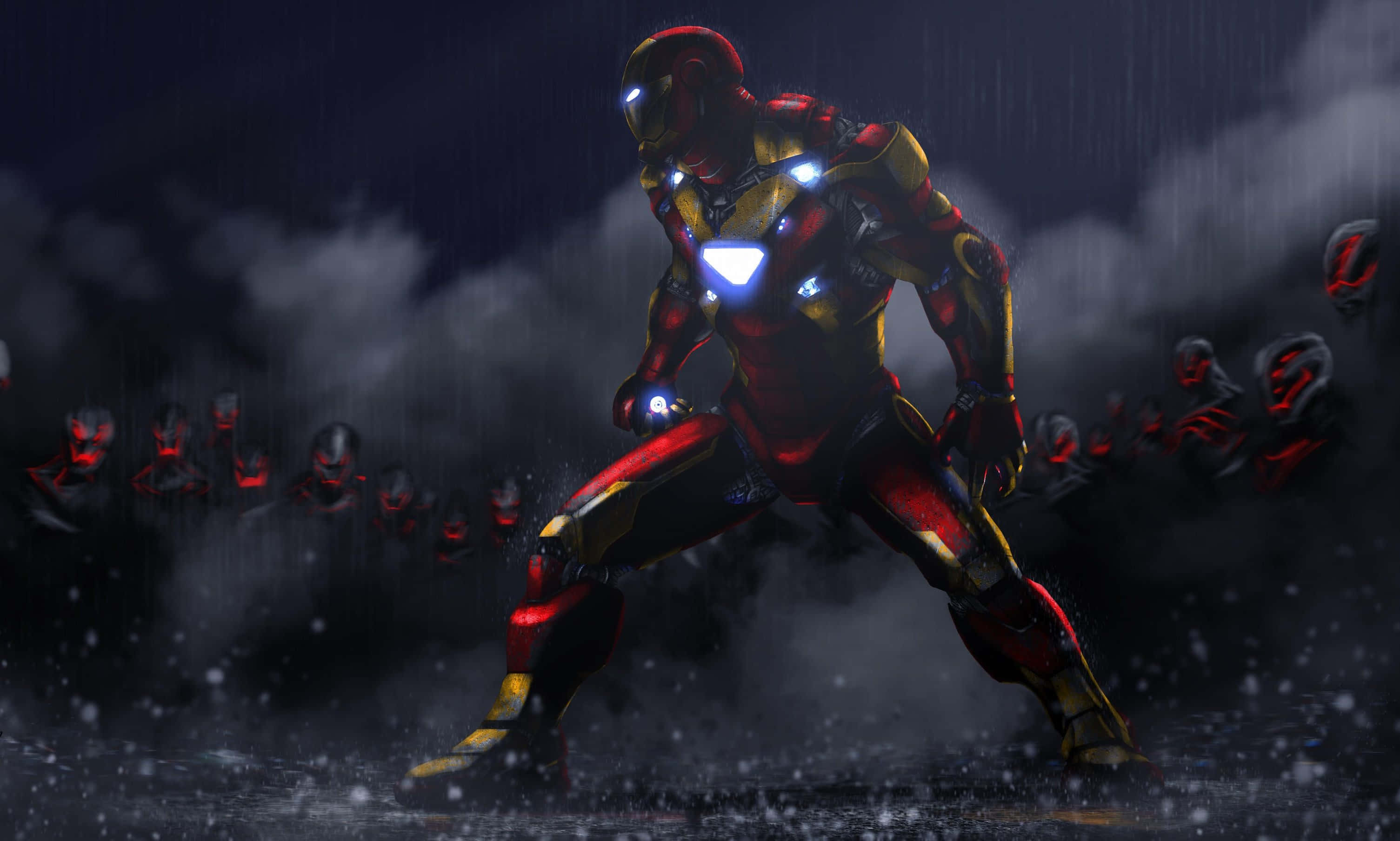 Iron Man Art 桌布 壁紙 — 鐵甲奇俠在暴風雨的夜雨中挑釁地站立，而發光的紅色敵人身影從他背後的迷霧中出現。