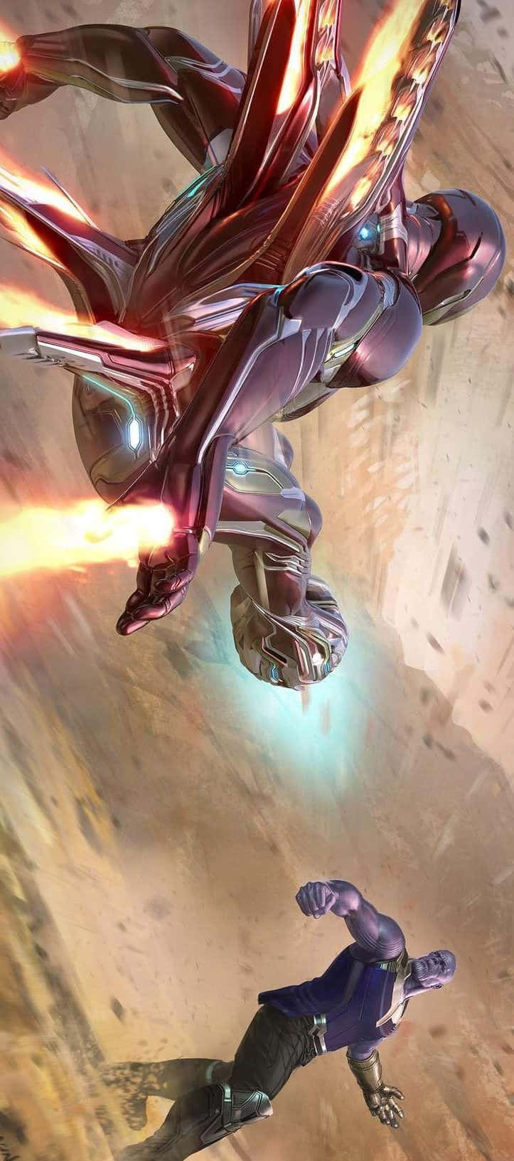 Iron Man And Thanos 桌布 壁紙 — 鐵甲奇俠在沙漠天空中翱翔，發射斥力炮，而薩諾斯在下方墜落，上演一場戲劇性的空中對決。