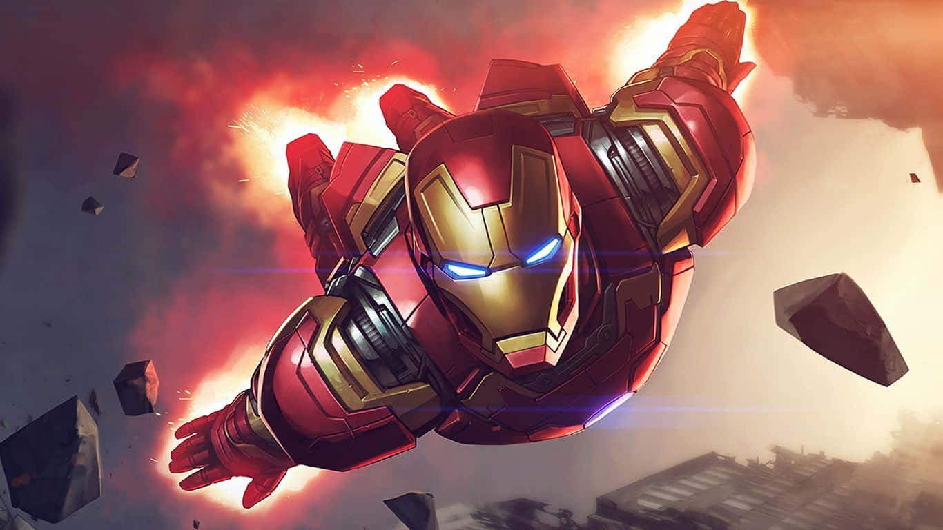 1366x768 marvel 桌布 壁紙 — 鐵甲奇俠在火紅的天空中翱翔，藍色眼睛發光，碎片在他周圍飛舞。