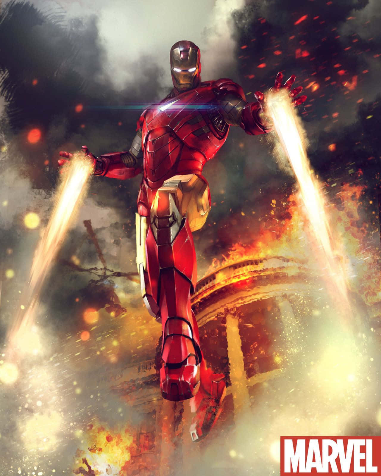 Iron Man Fan Art 桌布 壁紙 — 鐵甲奇俠在烈焰混亂中翱翔，掌心發出斥力光束，對抗煙霧瀰漫的戰場。