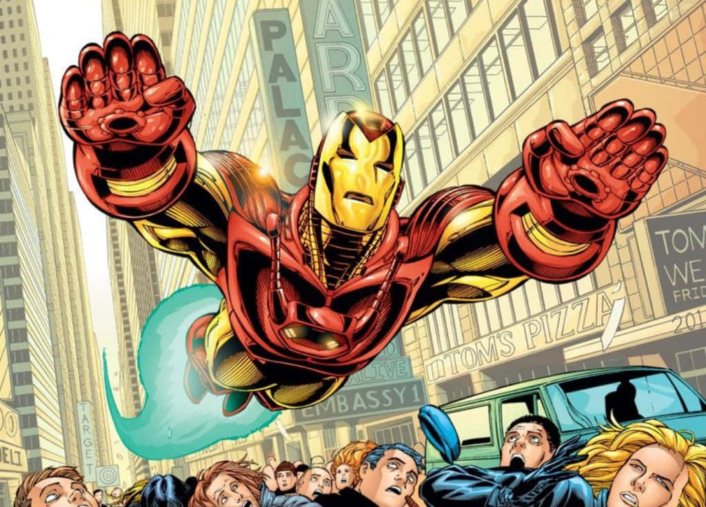 Iron Man Comics 桌布 壁紙 — 鐵甲奇俠在繁忙的城市街道上張開雙臂翱翔，下方圍觀者驚嘆不已。