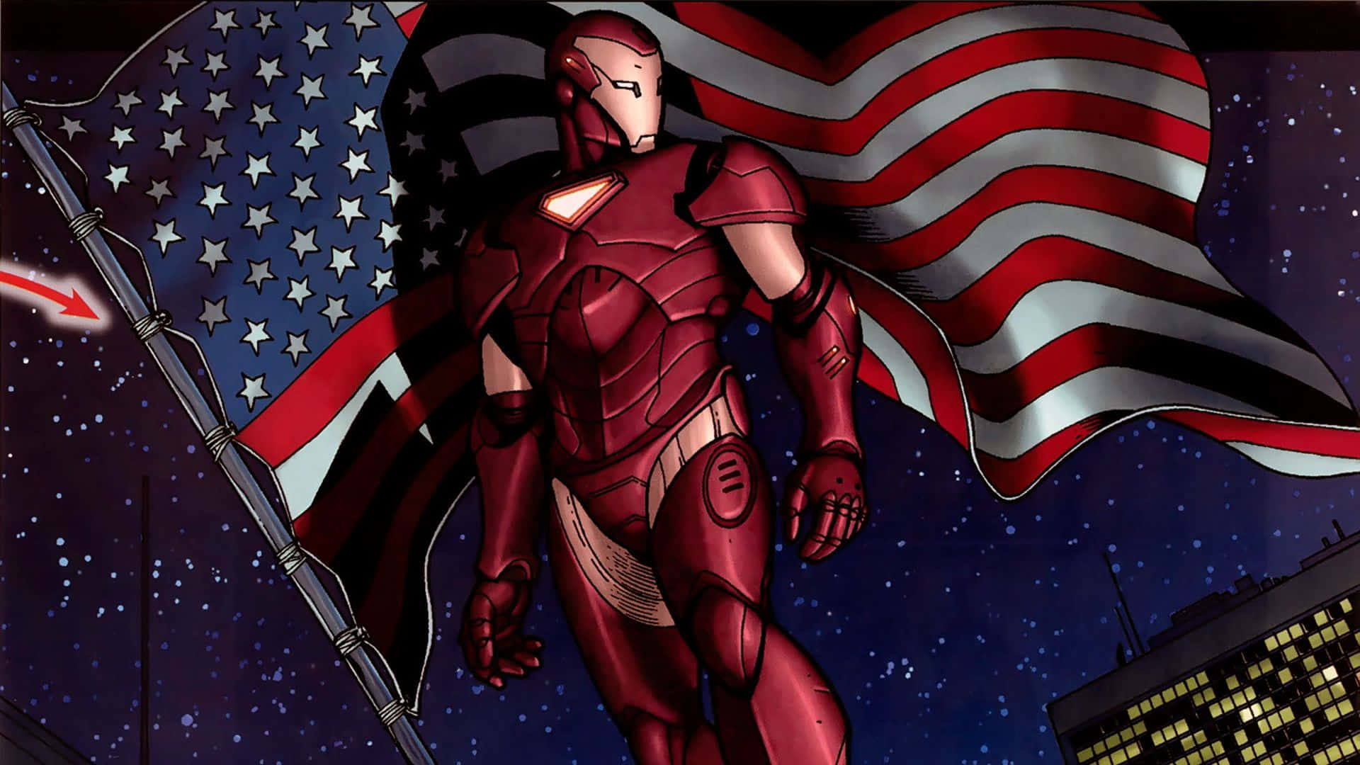 Iron Man Comics 桌布 壁紙 — 鐵甲奇俠在繁星點點的夜空下英勇站立，手持美國國旗，下方是城市景觀。
