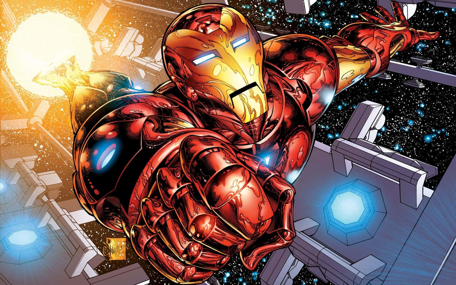 Iron Man Comics 桌布 壁紙 — 鐵甲奇俠在繁星點點的太空翱翔，從手套中發射斥力炮，周圍是未來風格的碎片。