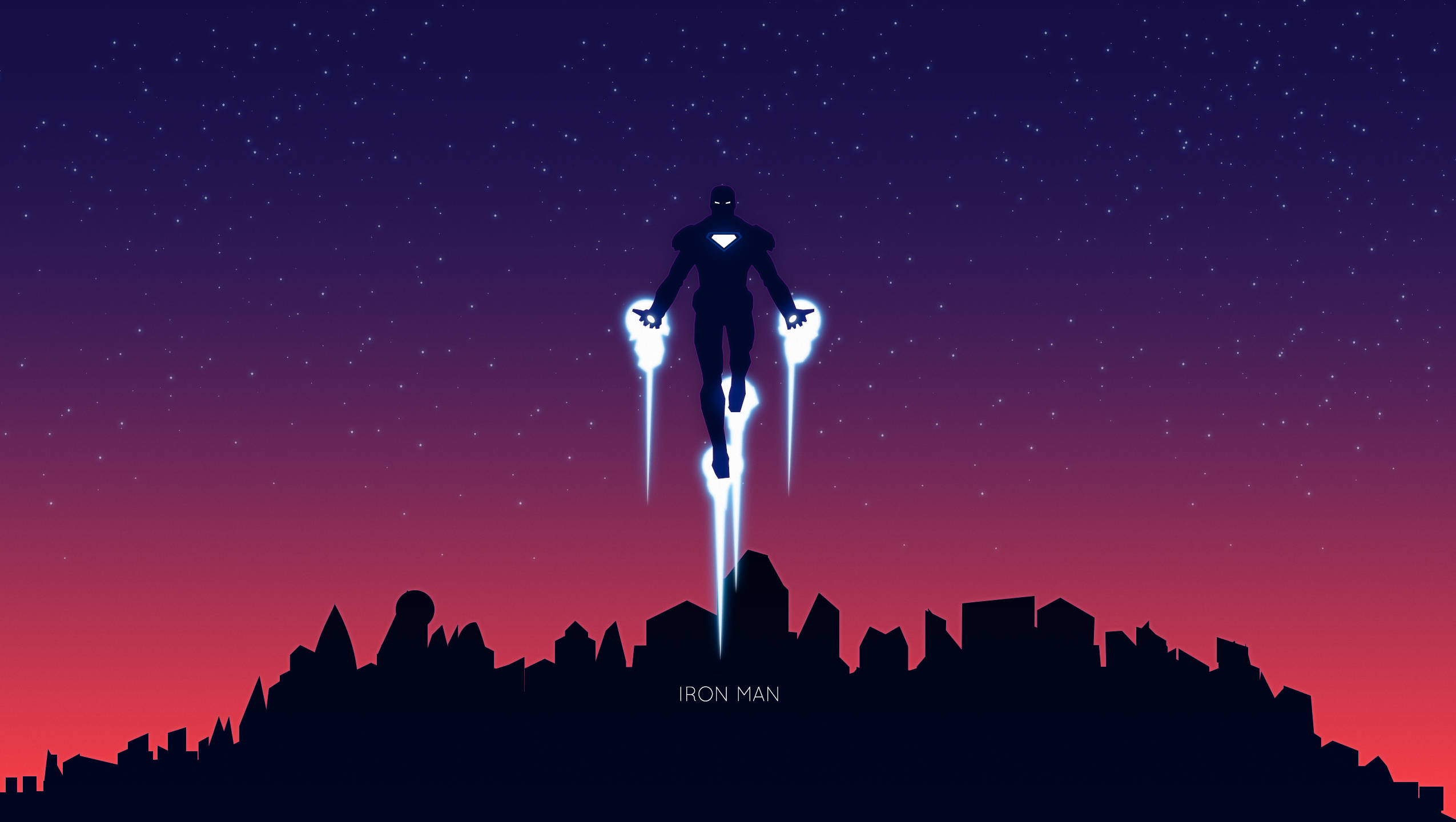 Iron Man Full HD 桌布 壁紙 — 鐵甲奇俠在繁星點點的暮色天空中，於城市天際線上方盤旋，發出發光的斥力炮。