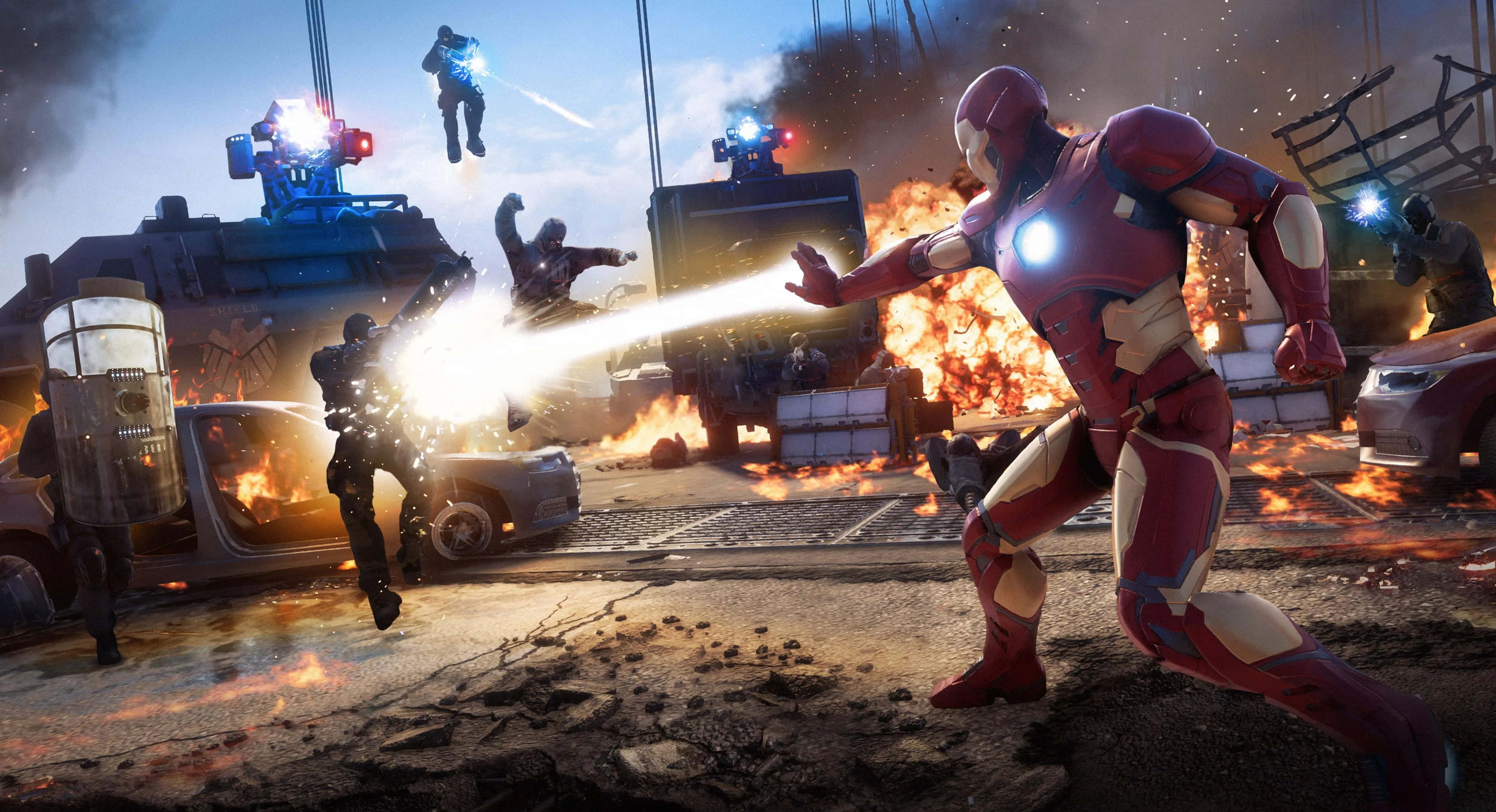 Superhero Video Games 桌布 壁紙 — 鐵甲奇俠在與士兵和裝甲車的激烈城市戰鬥中發射斥力炮。