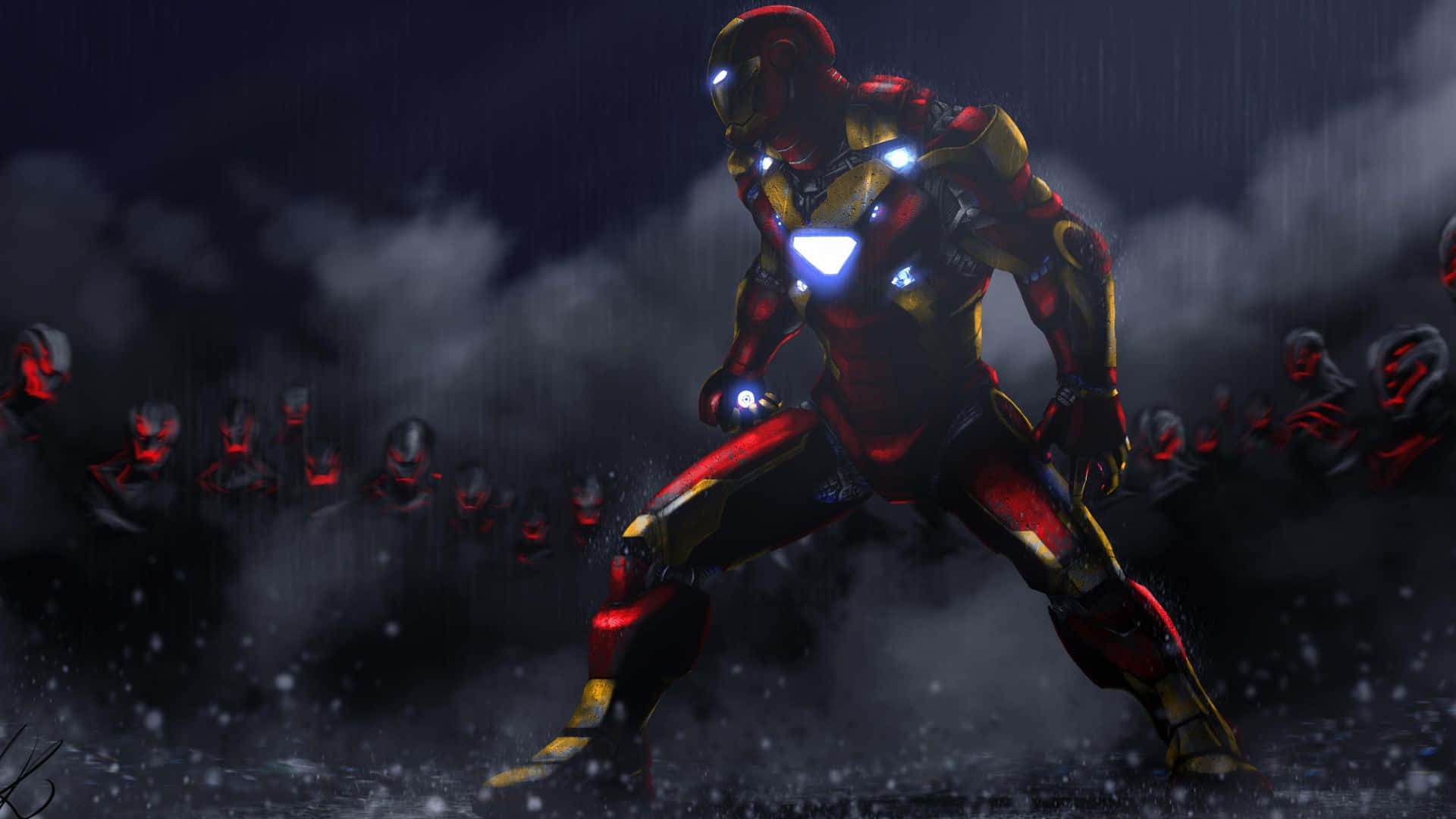Iron Man Vs Ultron 桌布 壁紙 — 鐵甲奇俠在雨和煙霧中挑釁地站立，背景中發光的紅色敵人在逼近。