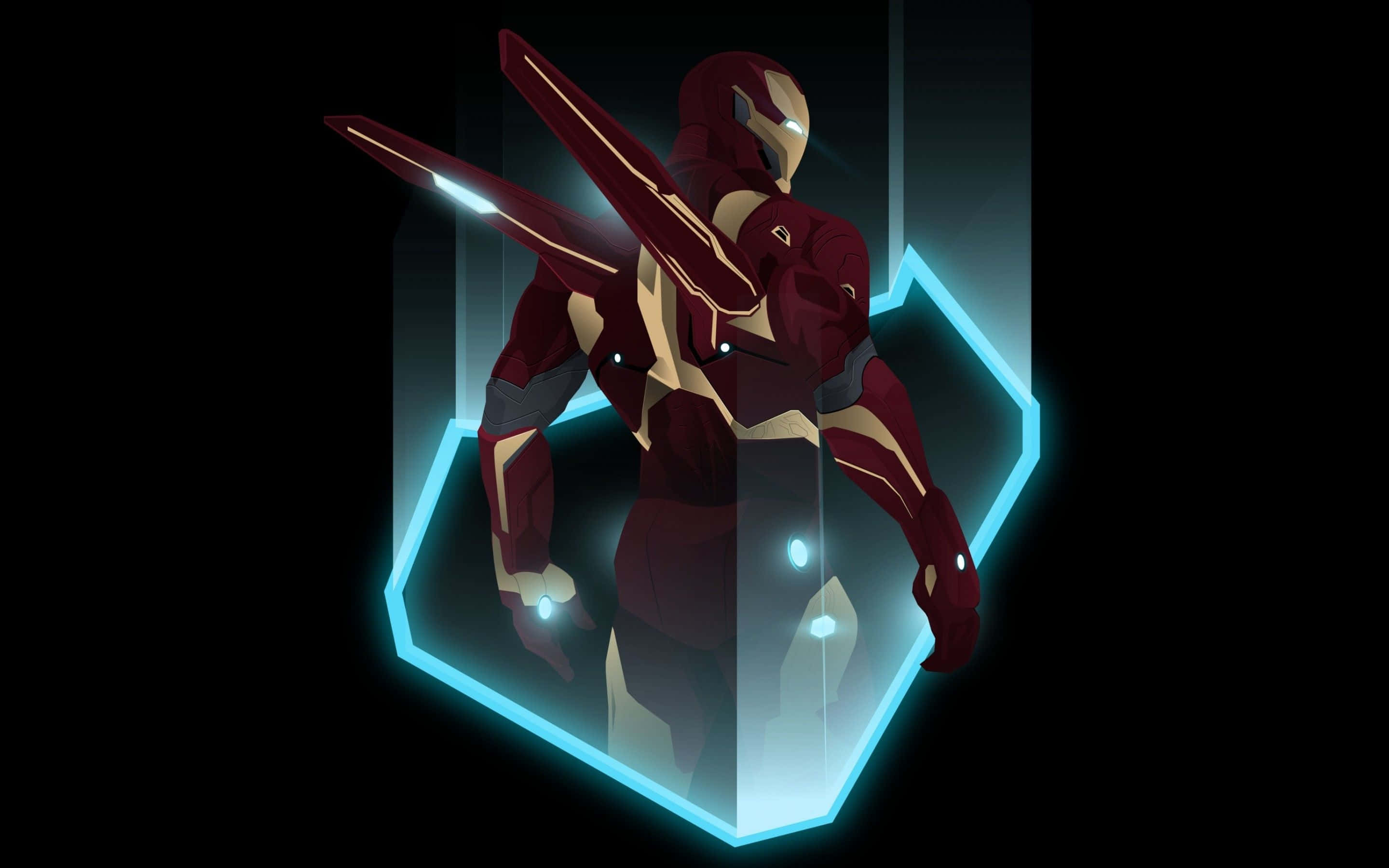 Iron Man Art 桌布 壁紙 — 鐵甲奇俠在黑暗背景中，於一個發光的藍色六邊形房間內張開雙臂站立。