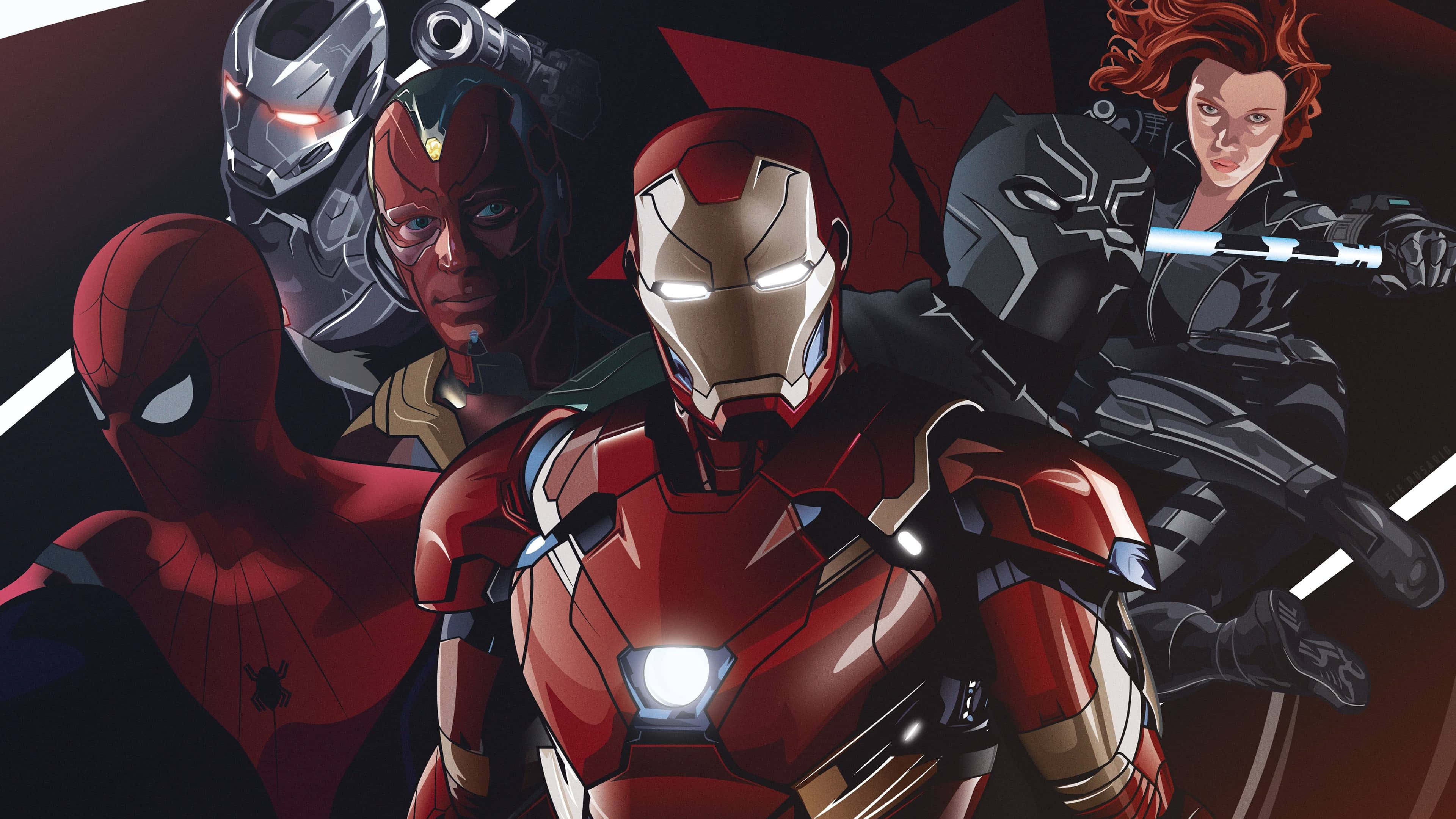 4K Marvel 壁紙 桌布 壁紙 — 鐵甲奇俠帶領一個充滿活力的超級英雄團隊，包括蜘蛛俠、幻視和黑寡婦，以大膽的漫畫風格呈現。