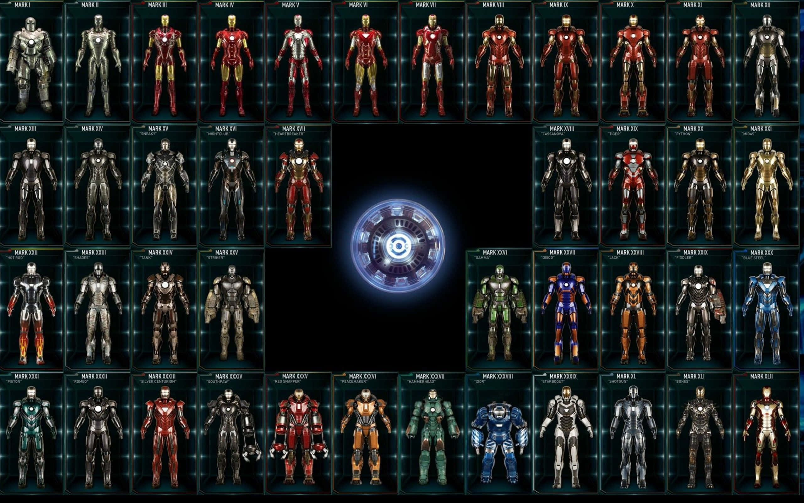 Iron Man Suit 桌布 壁紙 — 鐵甲奇俠戰衣網格顯示在深色背景上，中央弧形反應堆發光。