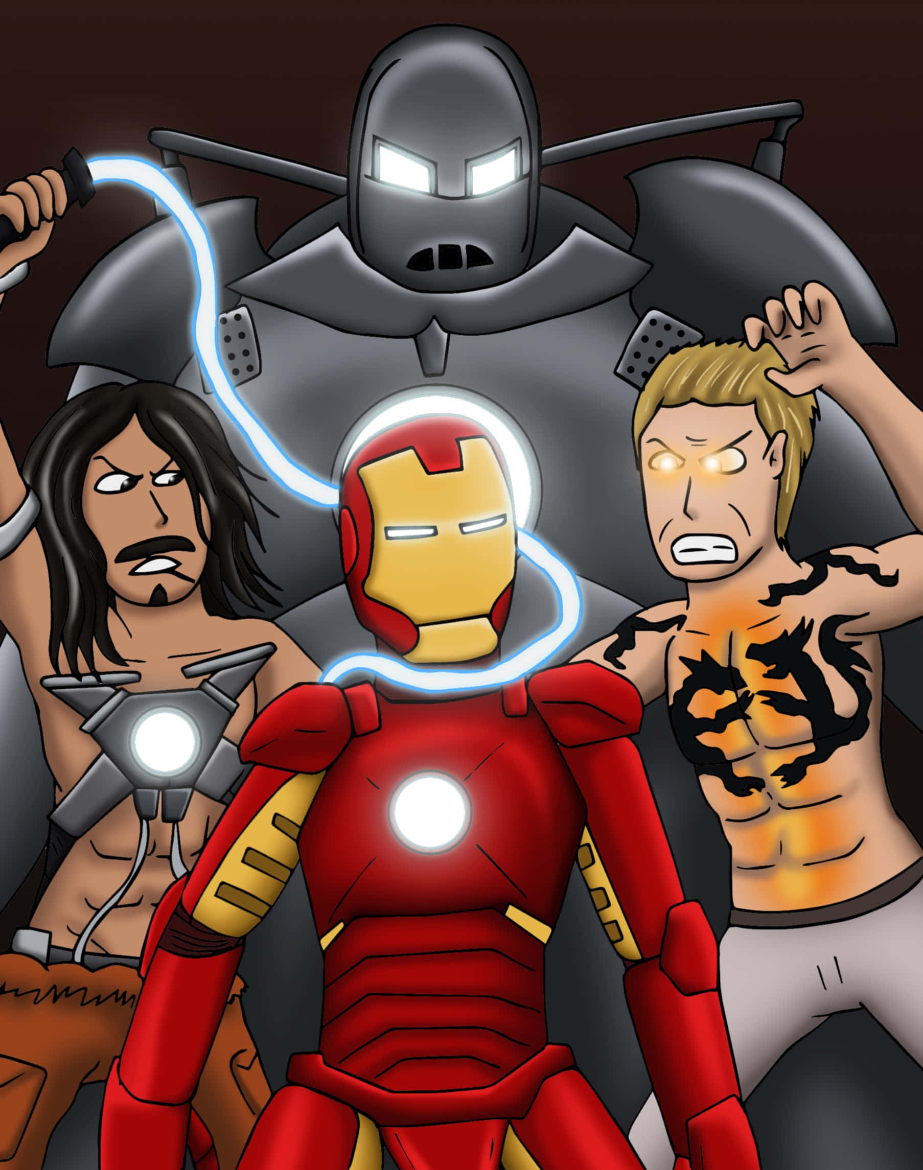 Iron Man Villains 桌布 壁紙 — 鐵甲奇俠挑釁地站立，一道發光的能量鞭在他與兩個肌肉發達的對手之間彎曲，呈現黑暗漫畫風格。
