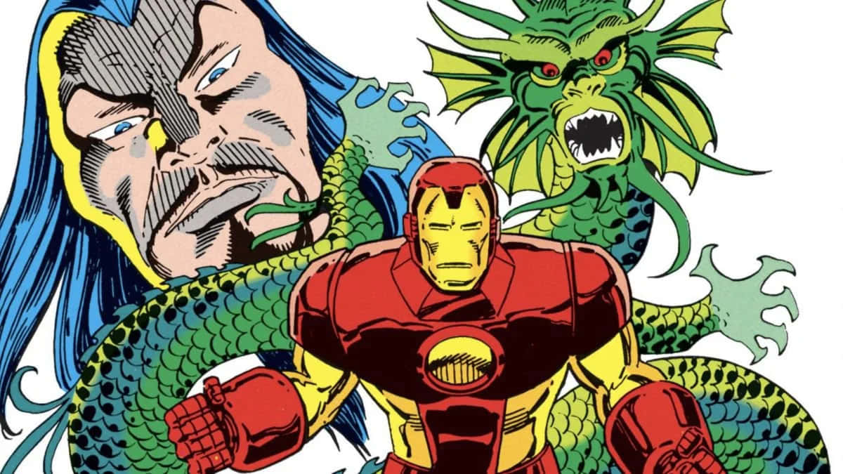 Iron Man Villains 桌布 壁紙 — 鐵甲奇俠挑釁地站立，身後有一條綠色巨龍和一個藍髮反派在漫畫風格中隱現。