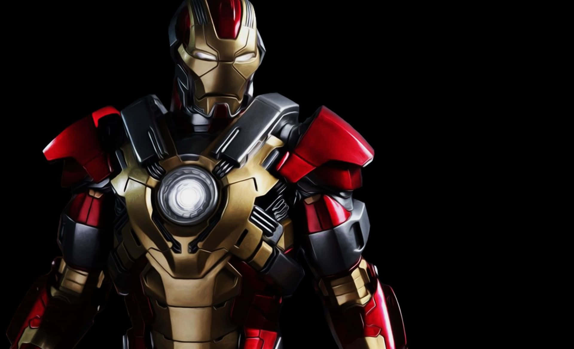 Iron Man Suit 桌布 壁紙 — 鐵甲奇俠標誌性紅金裝甲戰衣在黑色背景前發光的特寫。