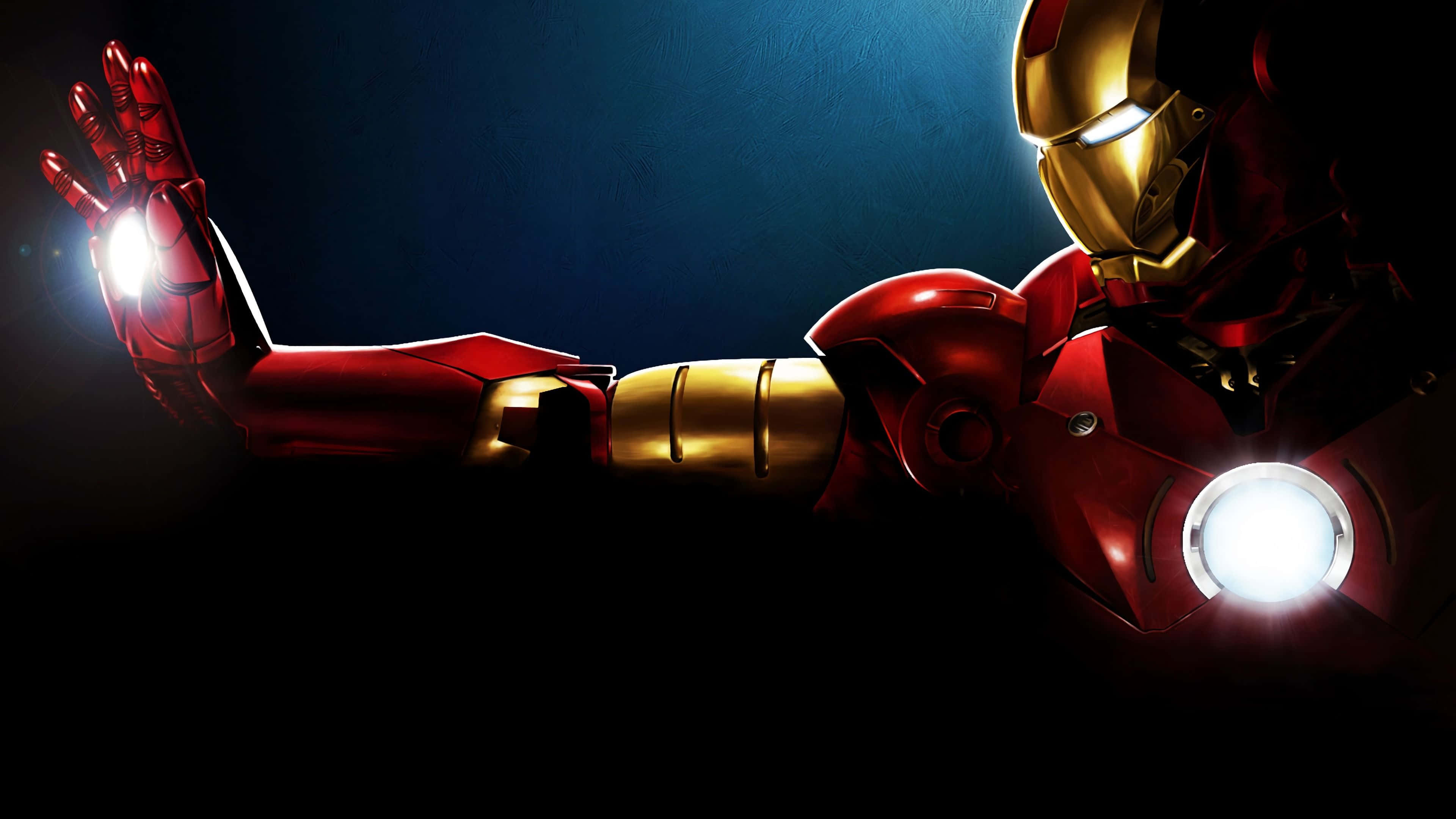 Iron Man Art 桌布 壁紙 — 鐵甲奇俠發光的斥力手在深藍色背景上伸展，胸口弧形反應爐明亮地閃耀。