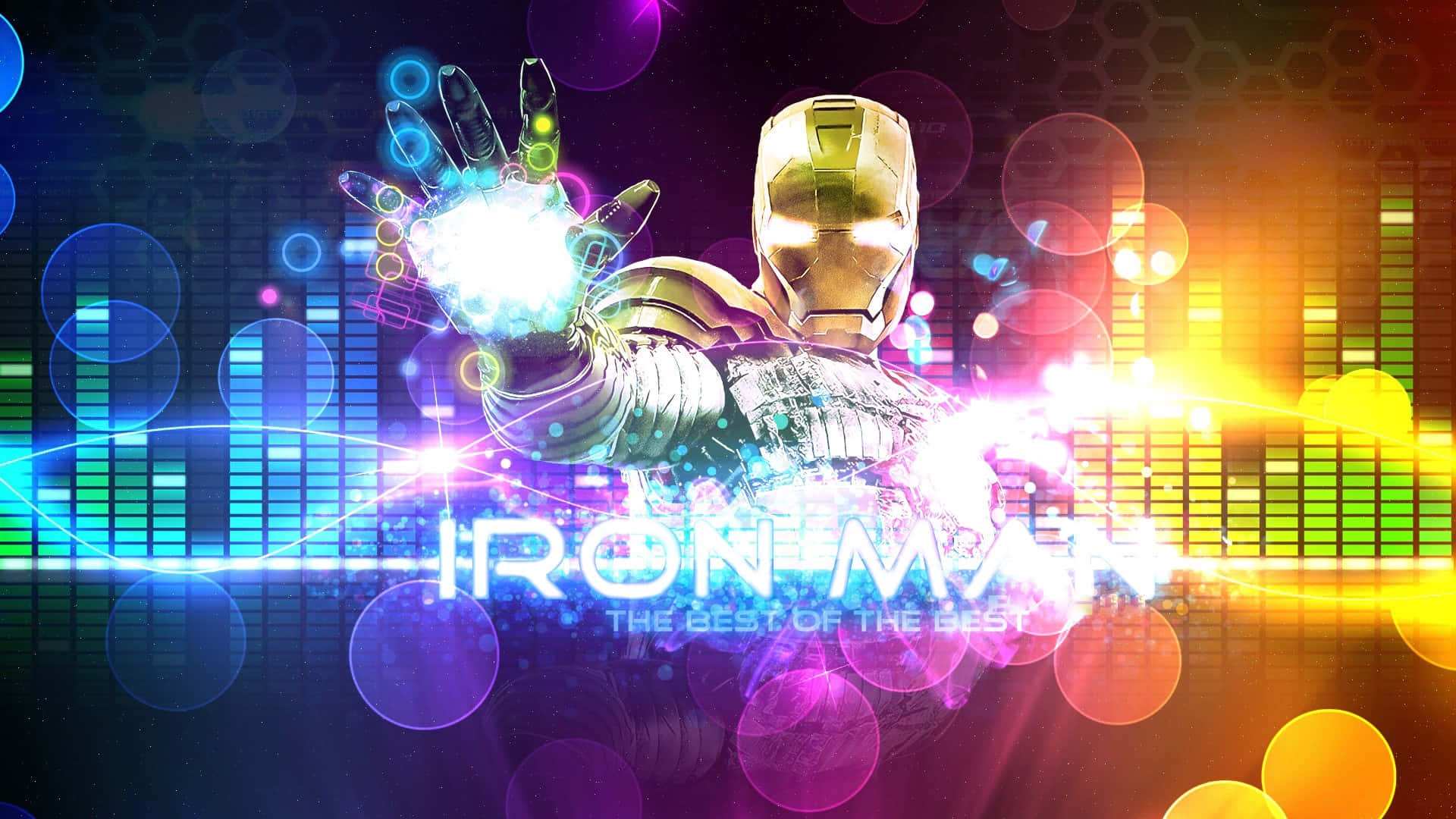 Iron Man Fan Art 桌布 壁紙 — 鐵甲奇俠發光的斥力手脈動於充滿活力的數碼音波背景上，伴隨彩色散景燈光。