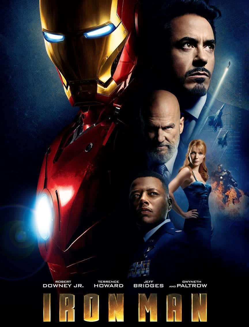 Iron Man Movies 桌布 壁紙 — 鐵甲奇俠發光的紅色和金色盔甲主導了一張深藍色的電影海報，其中包含關鍵角色和飛行的噴射機。